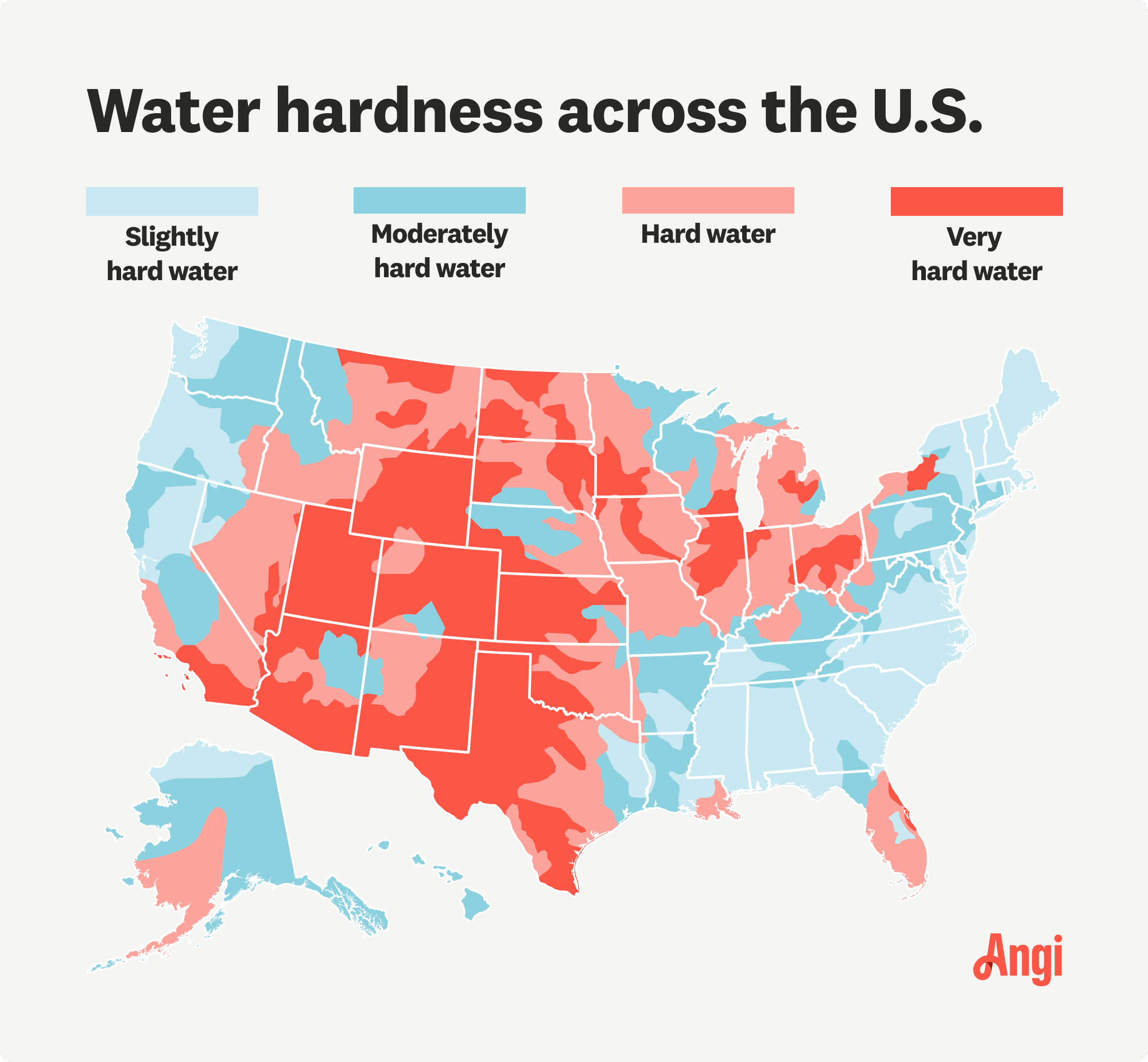 Water hardness map across the United States, with ranges measured from slightly hard water to very hard water