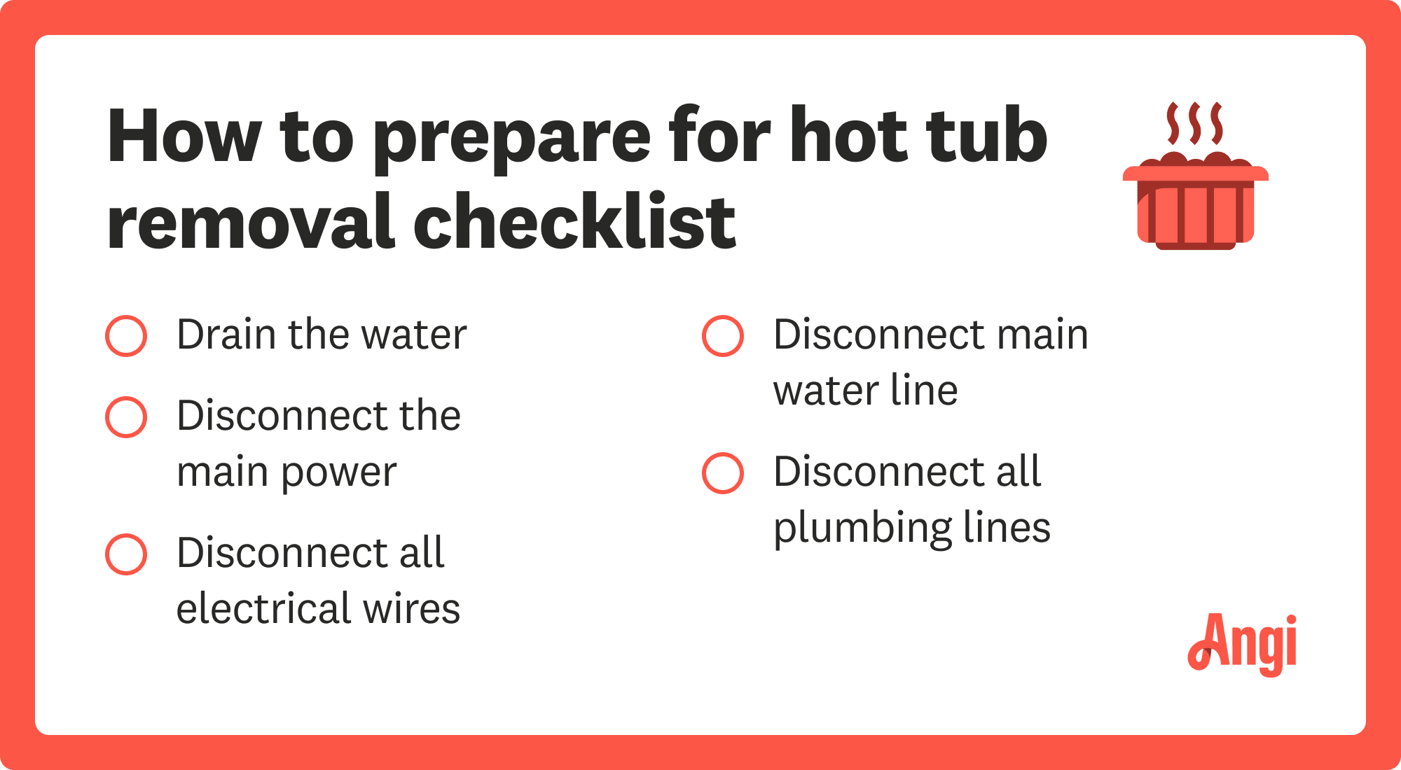 How to prepare for hot tub removal checklist, including draining the water and disconnecting the main power