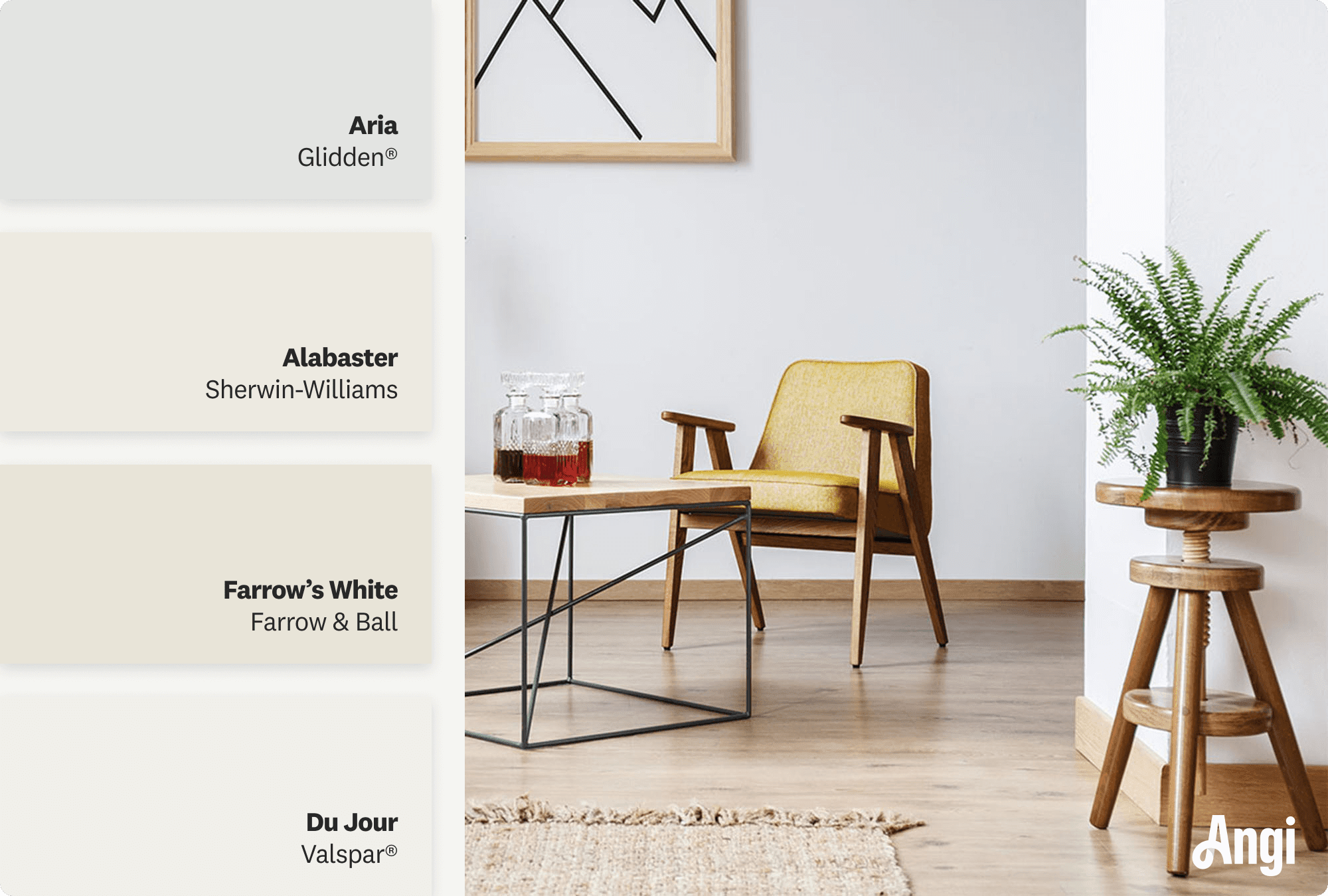 White walls with pine trim, including different tones of white and off white paints