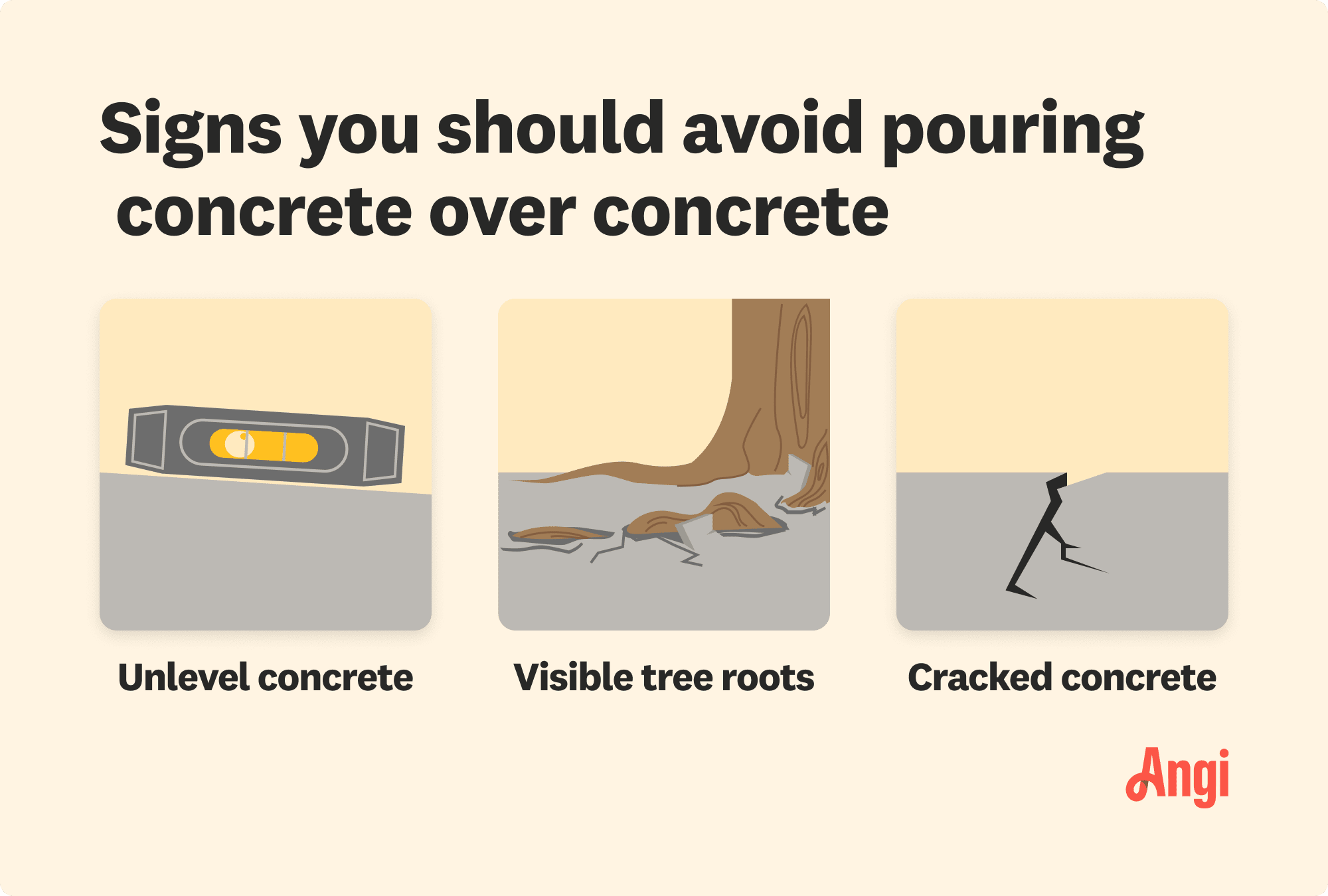 3 signs you should avoid pouring concrete over concrete, including existing concrete not being level and visible tree roots
