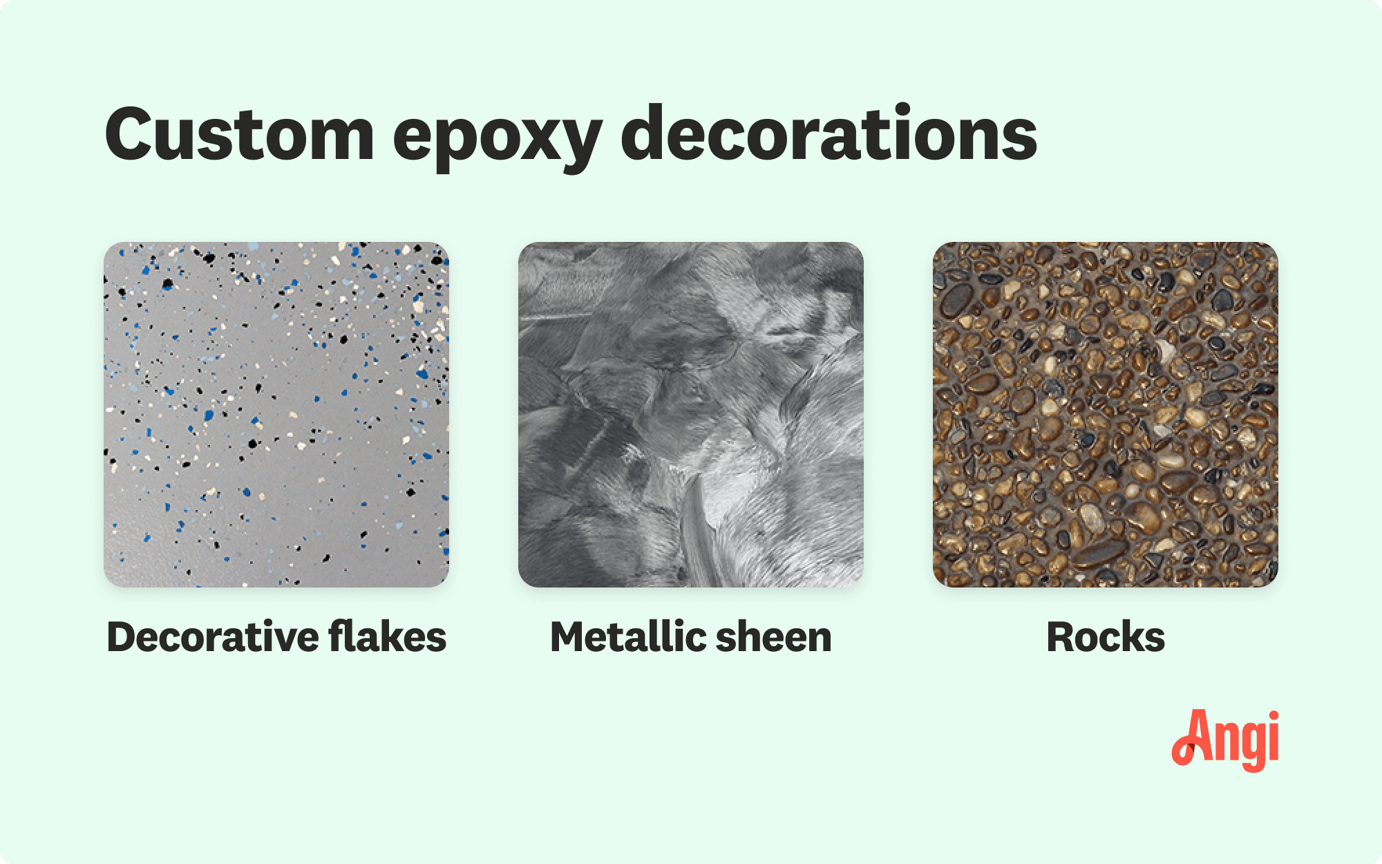 3 custom epoxy decorations compared visually, including metallic sheen, and rocks