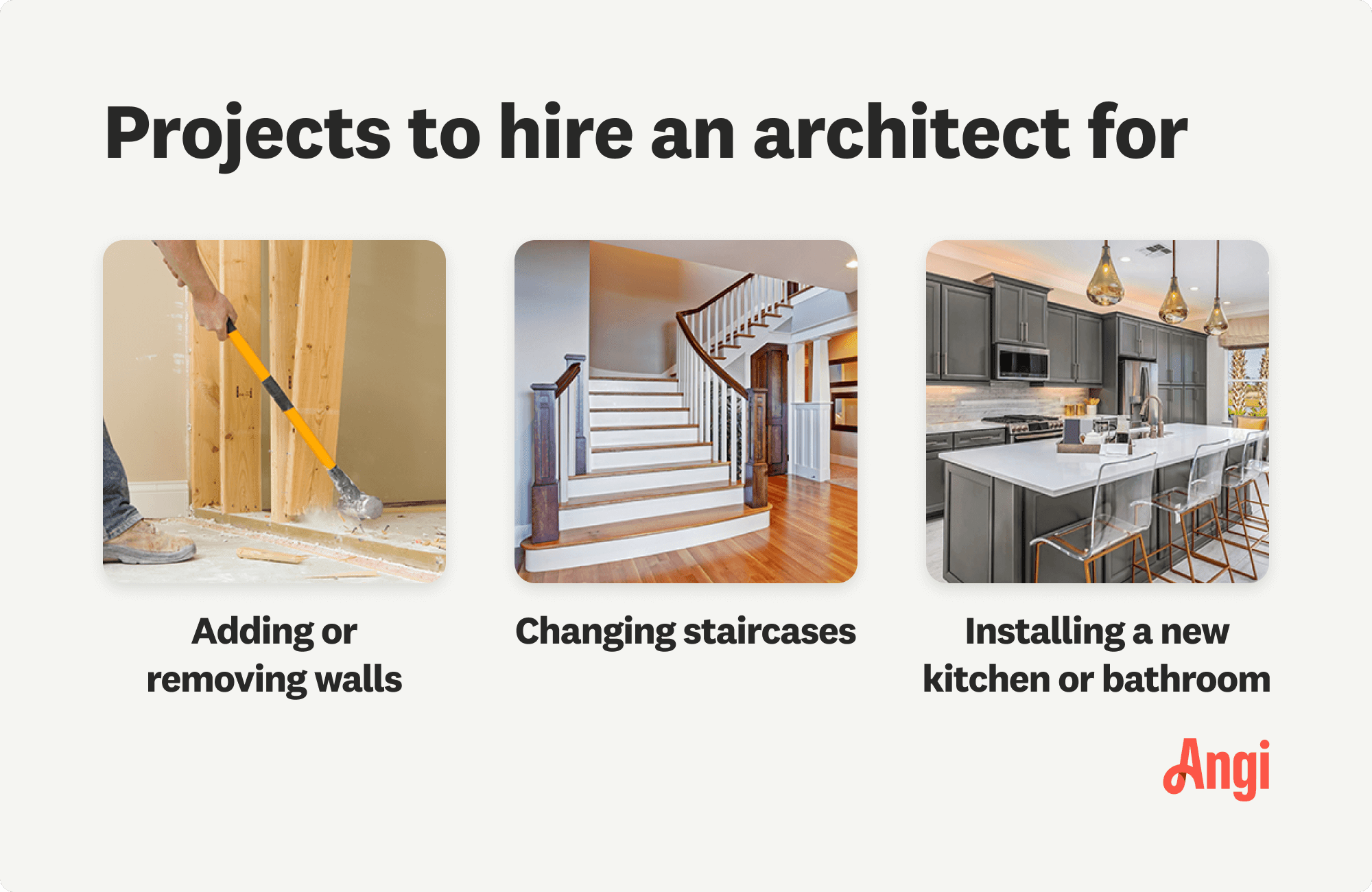 3 projects to hire an architect for compared visually, including adding or removing walls and changing staircases