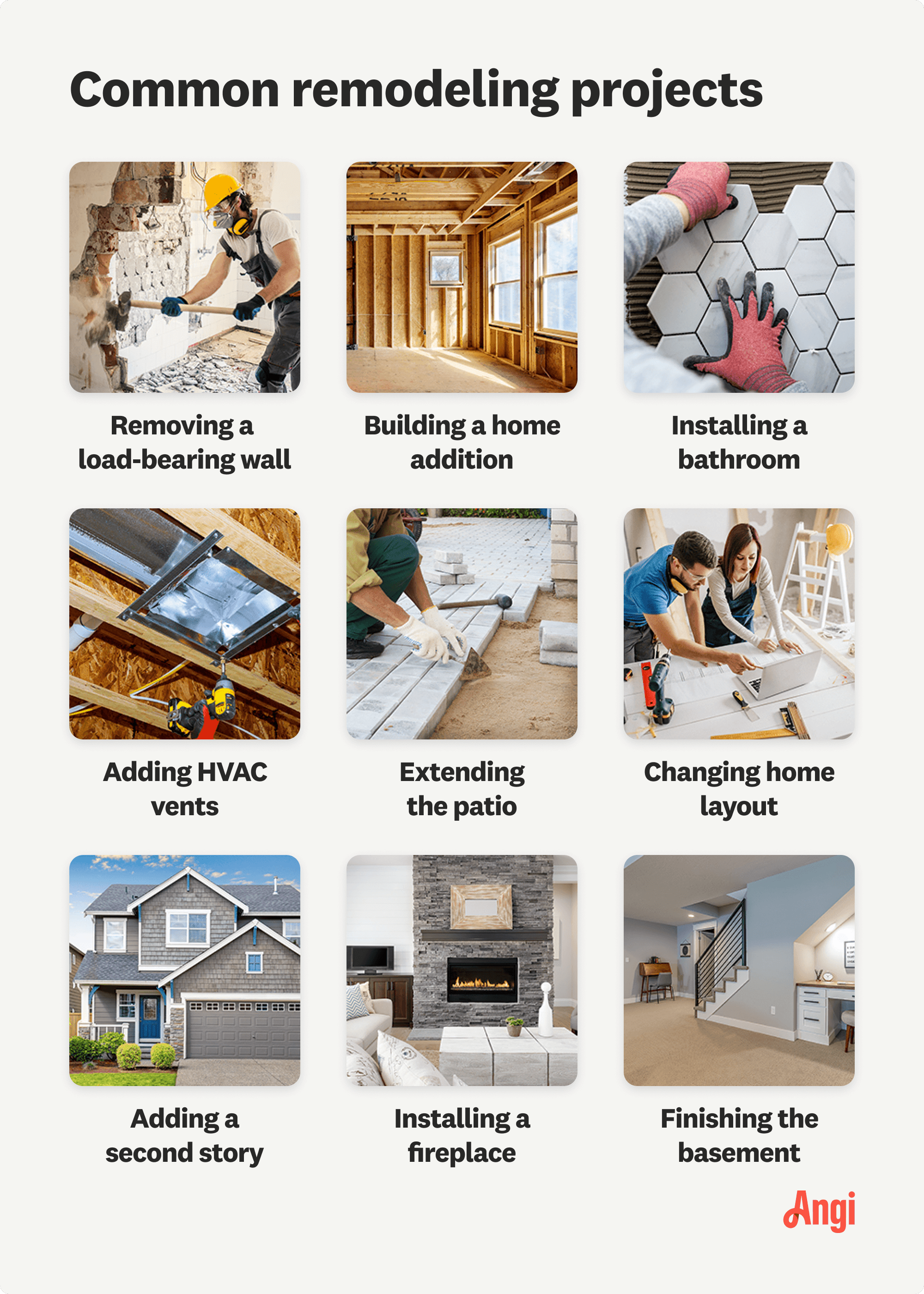 9 common remodeling projects compared visually, including removing a load-bearing wall and adding HVAC vents