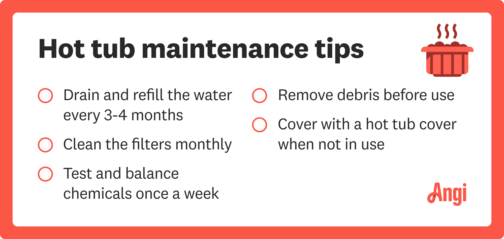 Hot tub maintenance tips checklist, including removing debris before use