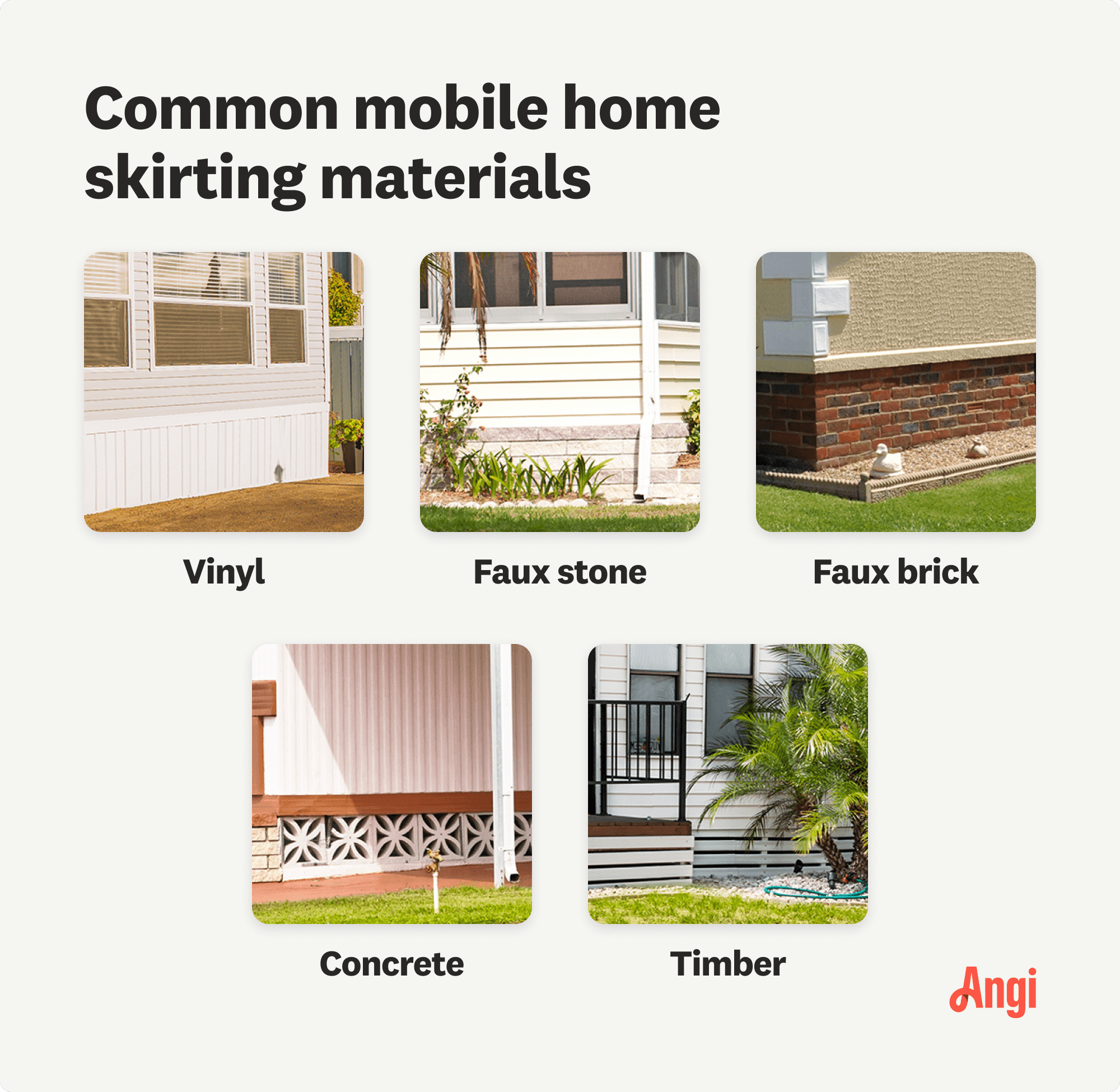 5 mobile home skirting materials compared visually, including vinyl, faux stone, and timber