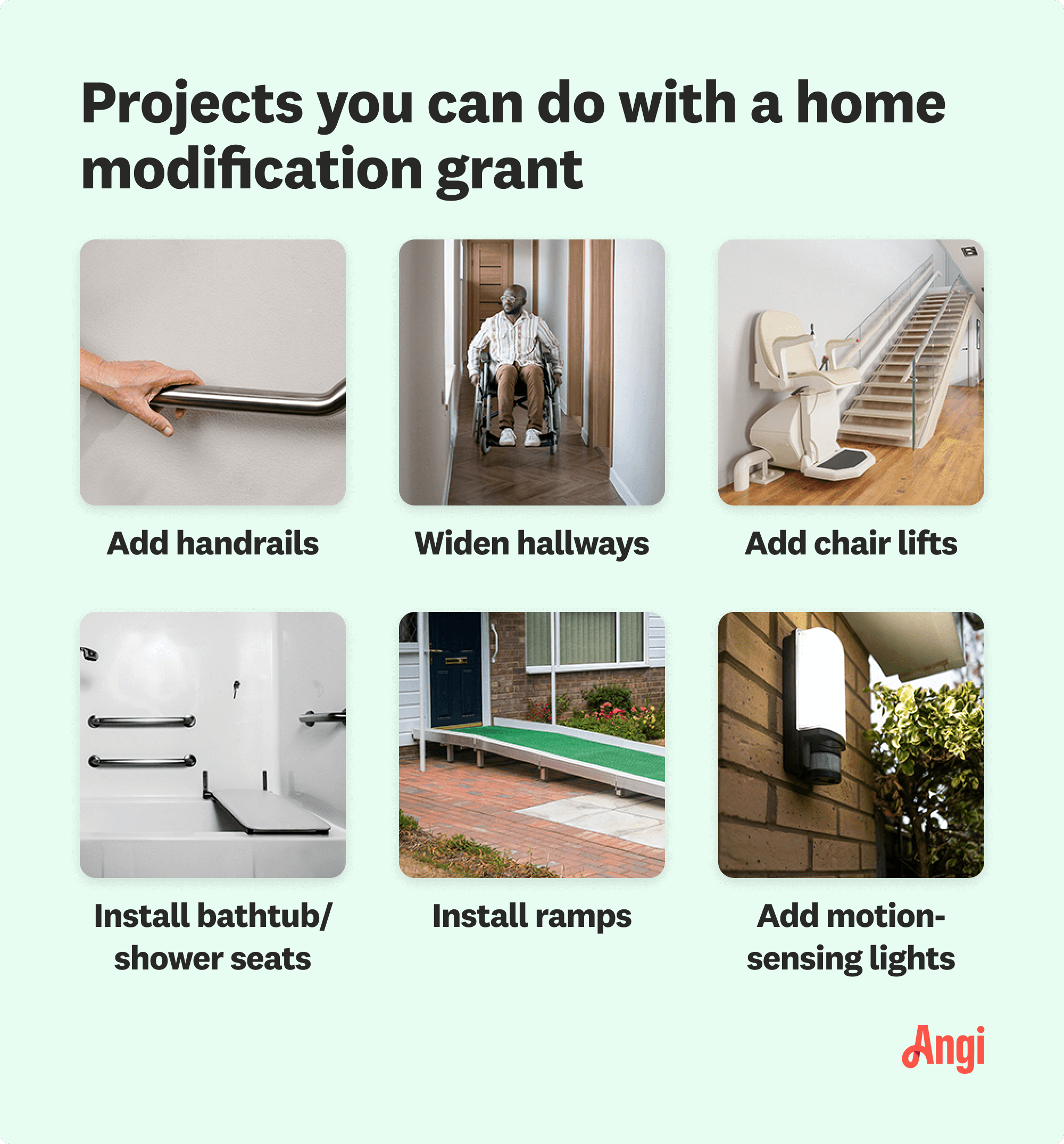 6 home modification grant projects compared visually, including adding handrails, widening hallways, and installing ramps