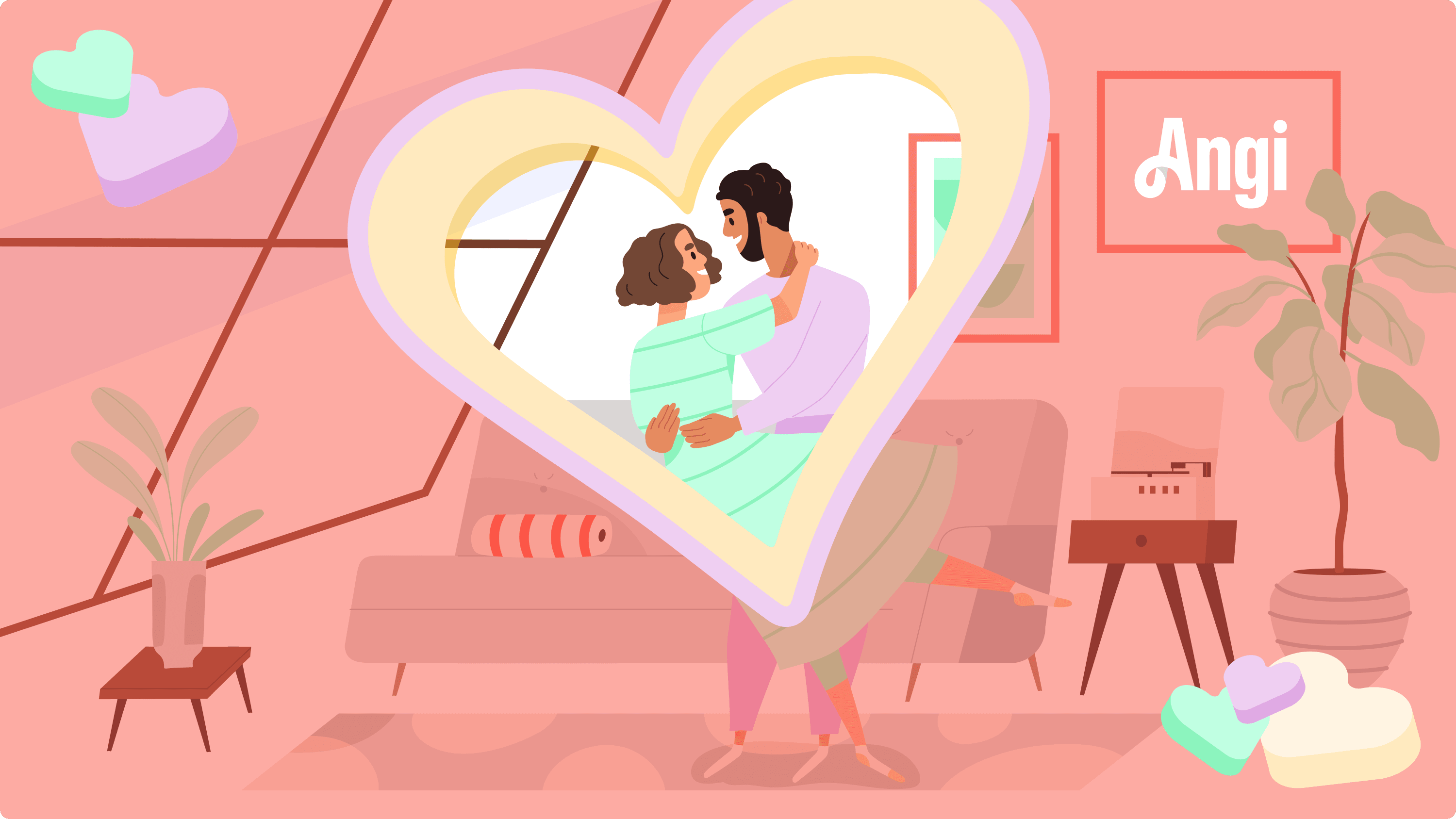 Couple dancing in their living room illustrated