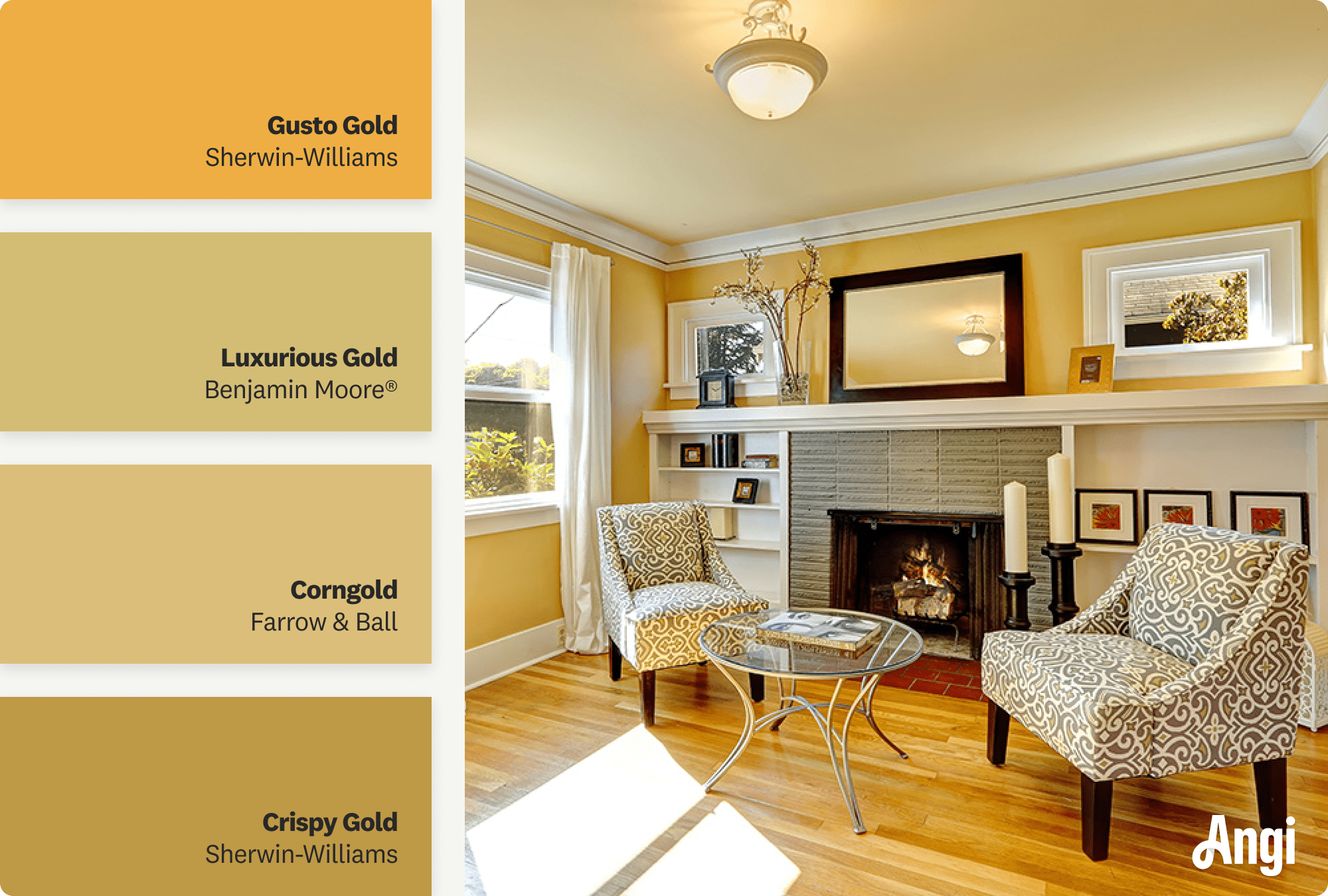 Living room with gold walls and white trim, including different tones of gold paint