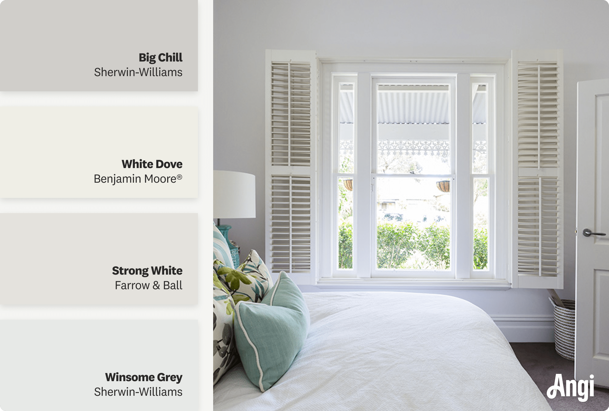 Bedroom with gray-white walls and white trim, including different tones of gray-white paint