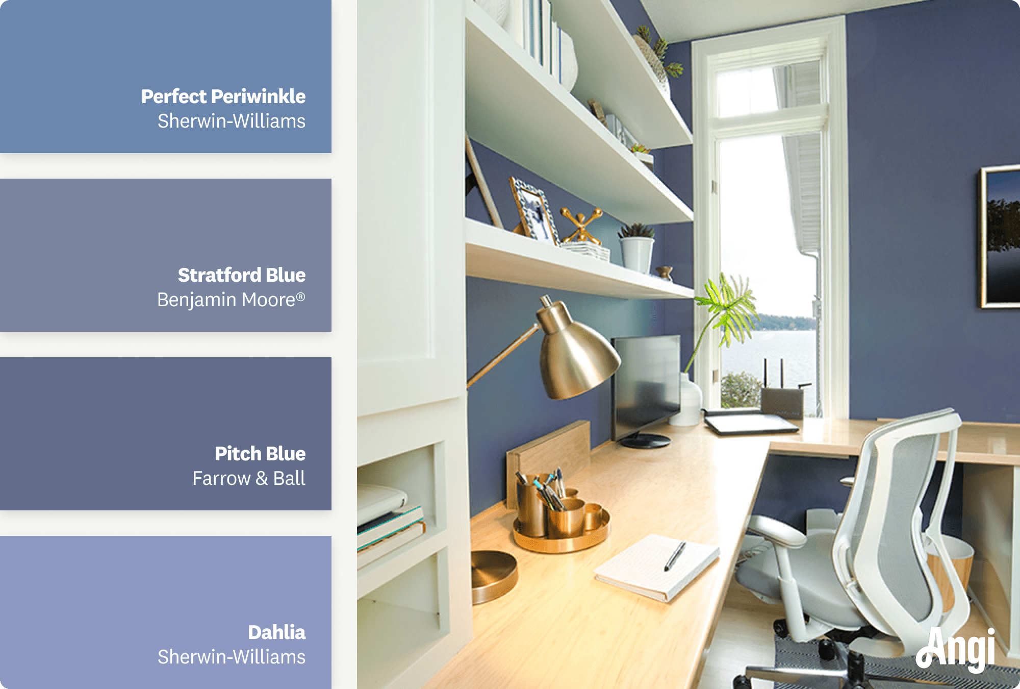 Office with periwinkle walls and white trim, including different tones of periwinkle paint