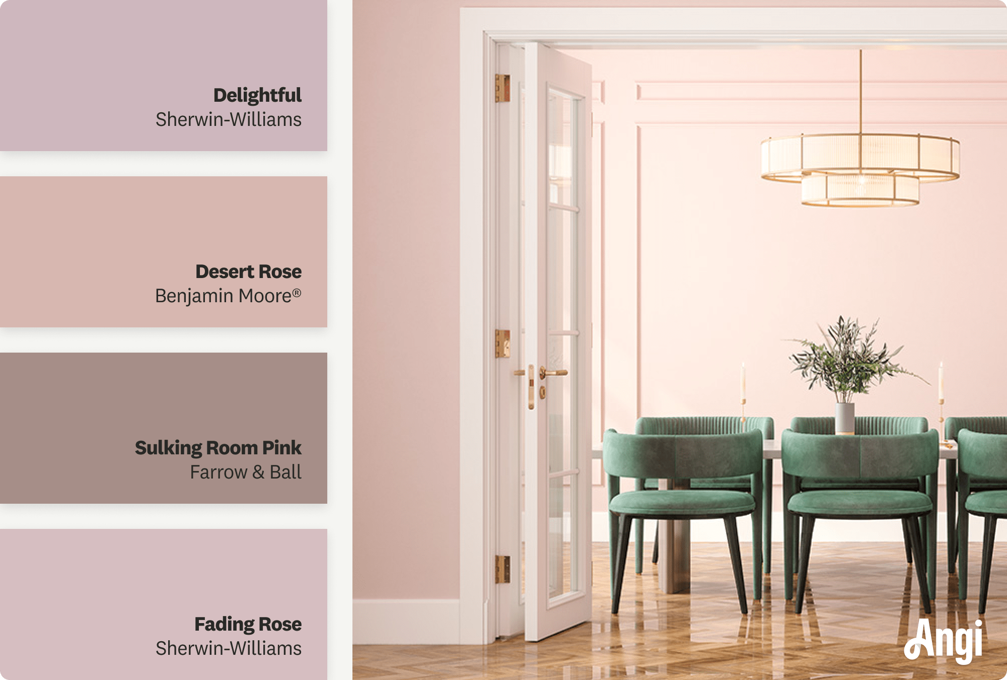 Dining room with rose walls and white trim, including different tones of rose paint
