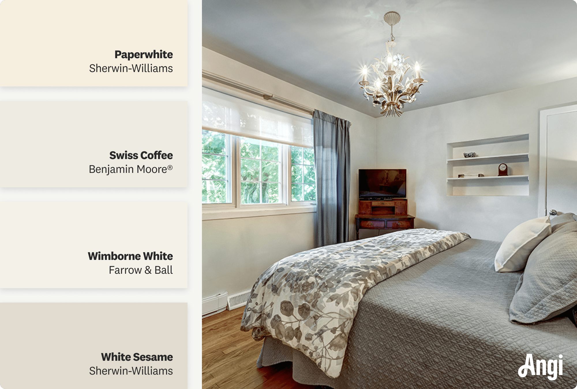 Bedroom with linen white walls and white trim, including different tones of linen white paint