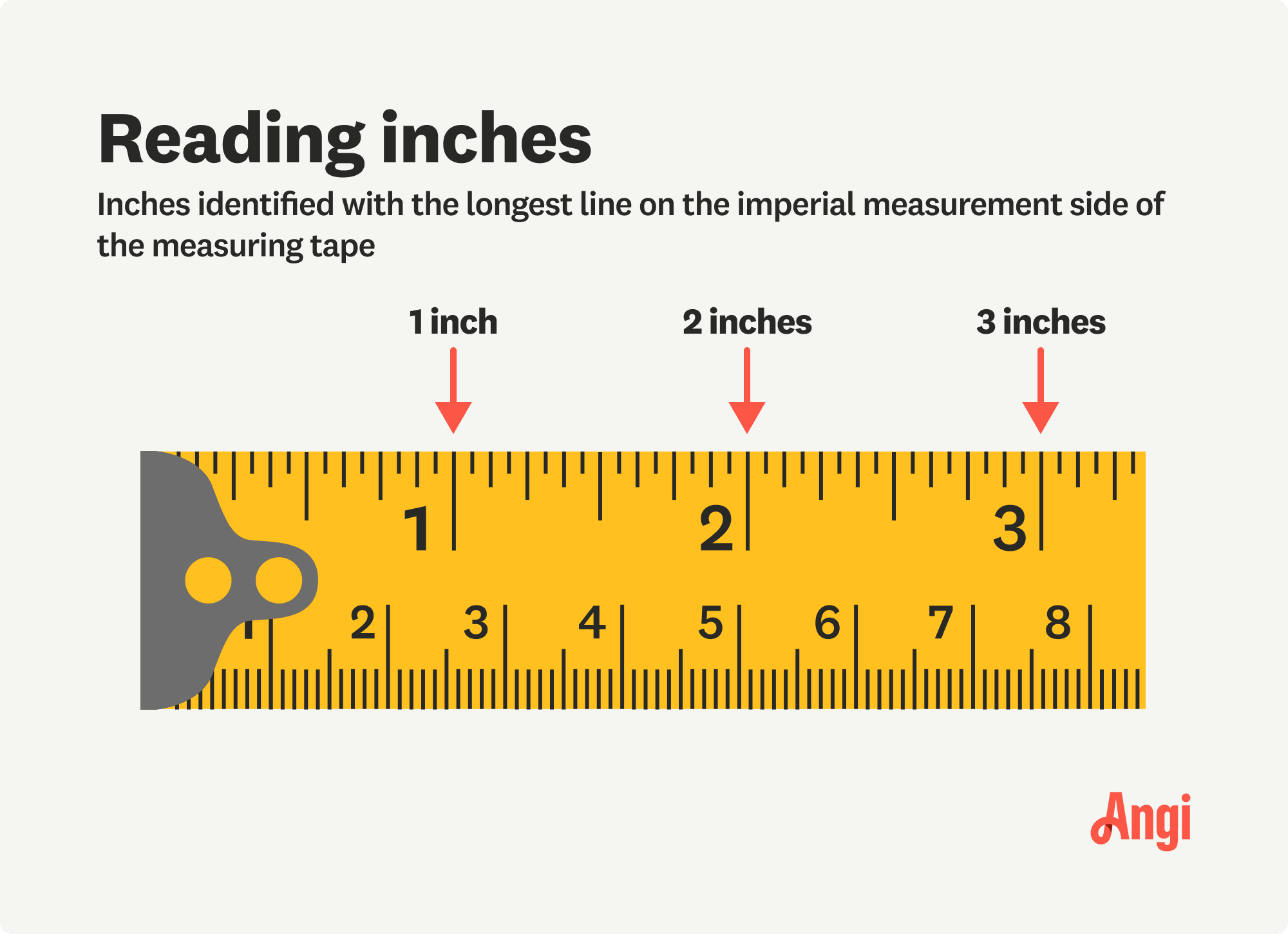 Inches are identified with the longest line on the imperial measurement side of the measuring tape