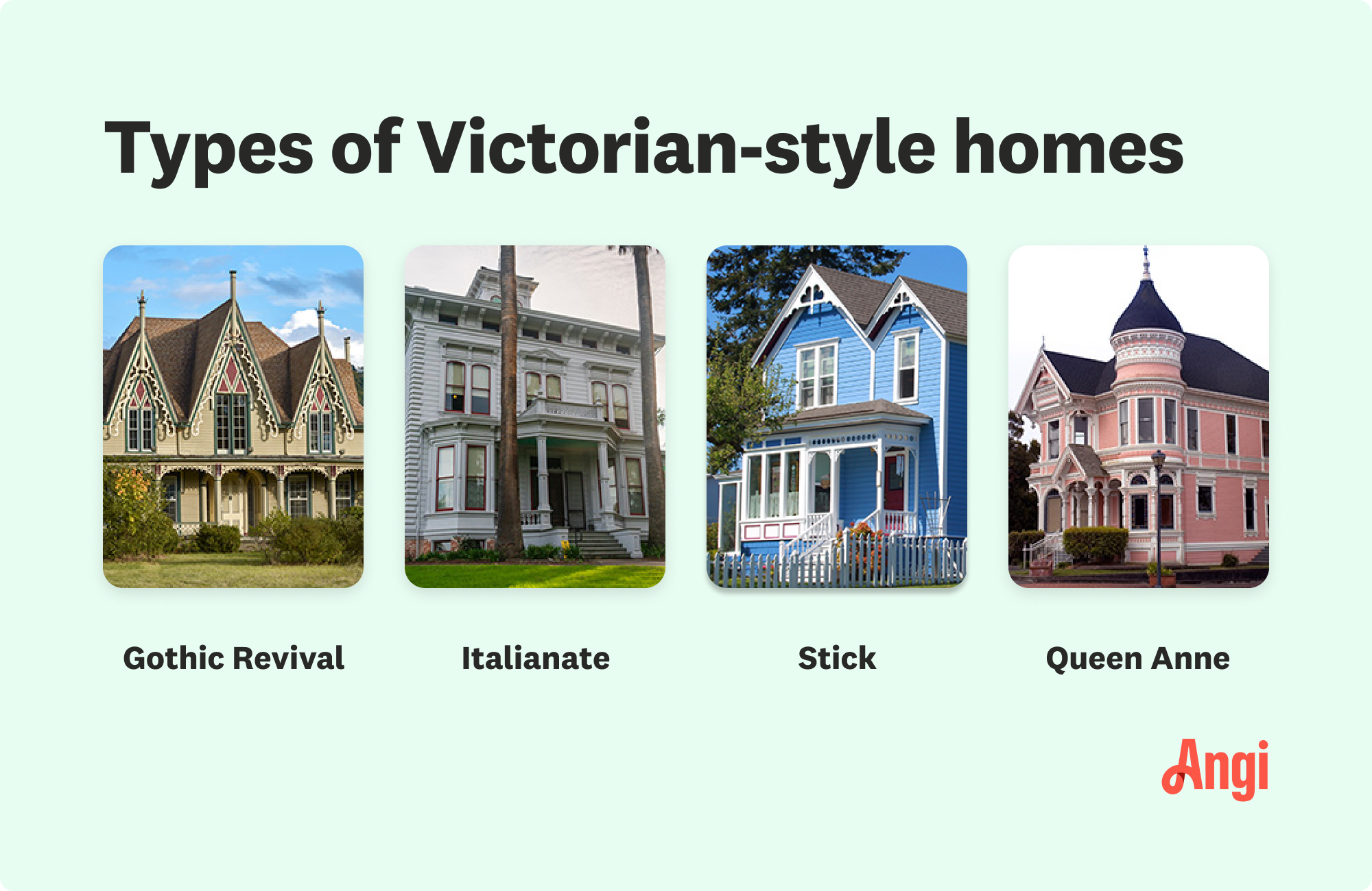 4 Victorian-style home types compared, with Queen Anne homes having towers and turrets