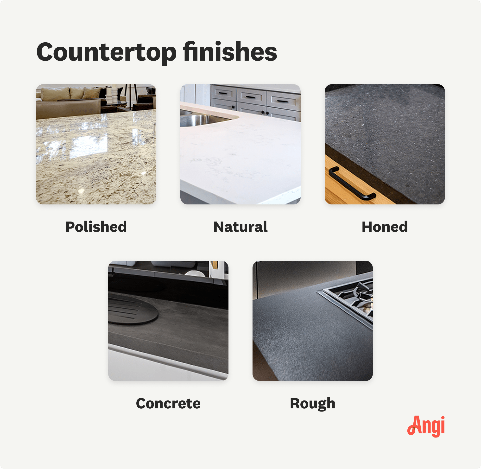 5 countertop finishes compared, including polished, honed, and rough