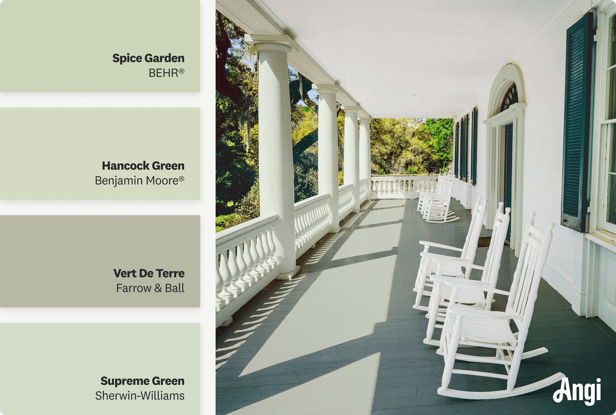 Light green porch with rocking chairs, including different tones of light green paint
