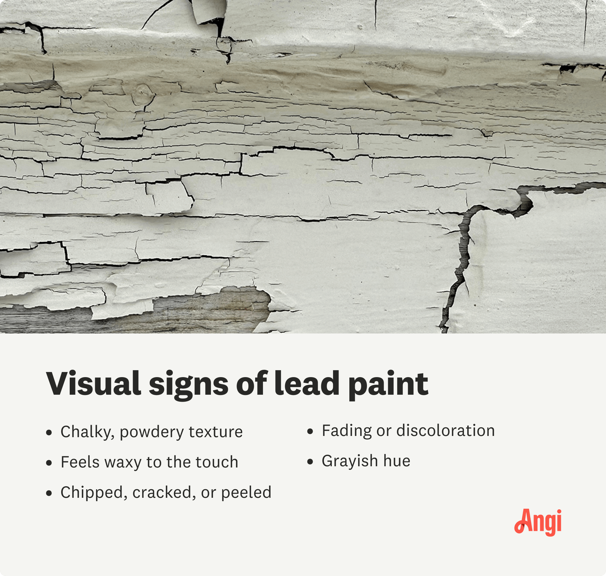 5 visual signs of lead paint, including feels waxy to the touch, grayish hue, and, fading or discoloration