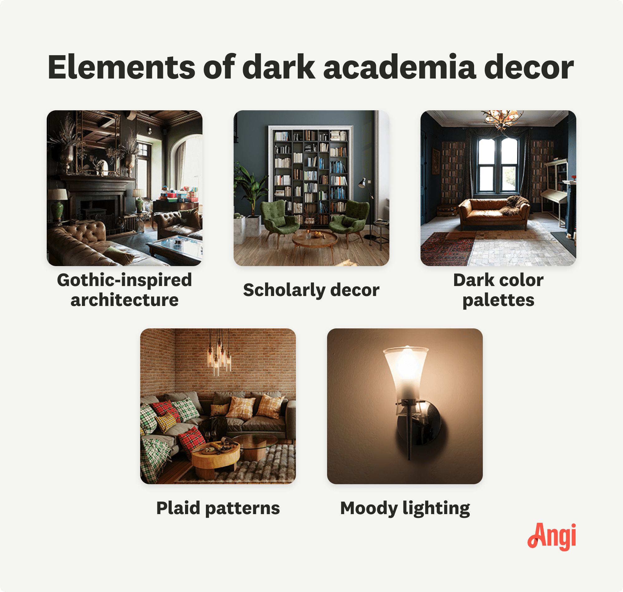 5 visual elements of dark academia decor, including scholarly decor, dark color palettes, and plaid patterns