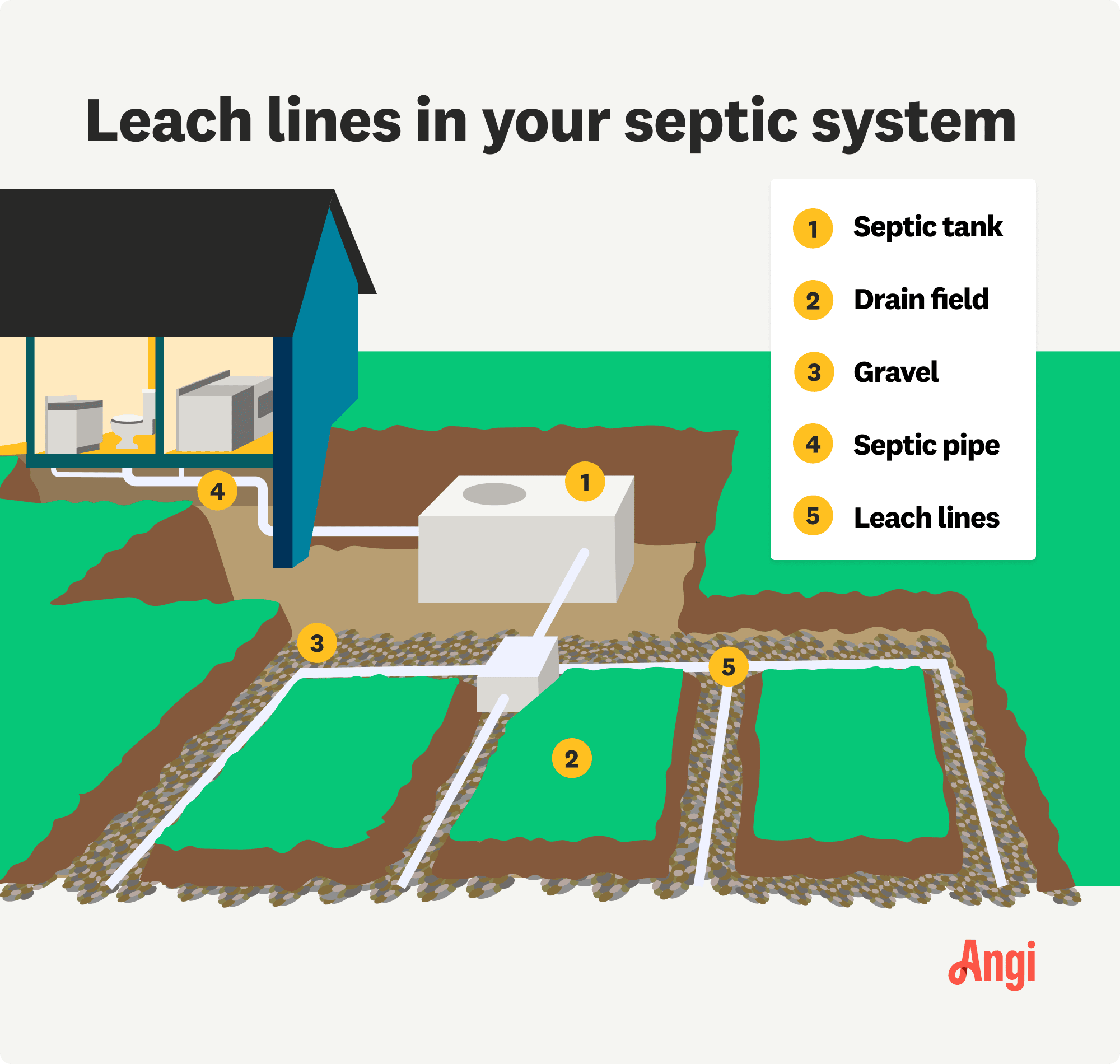 5 parts of a septic system illustrated, including septic tank, drain field, and leach lines