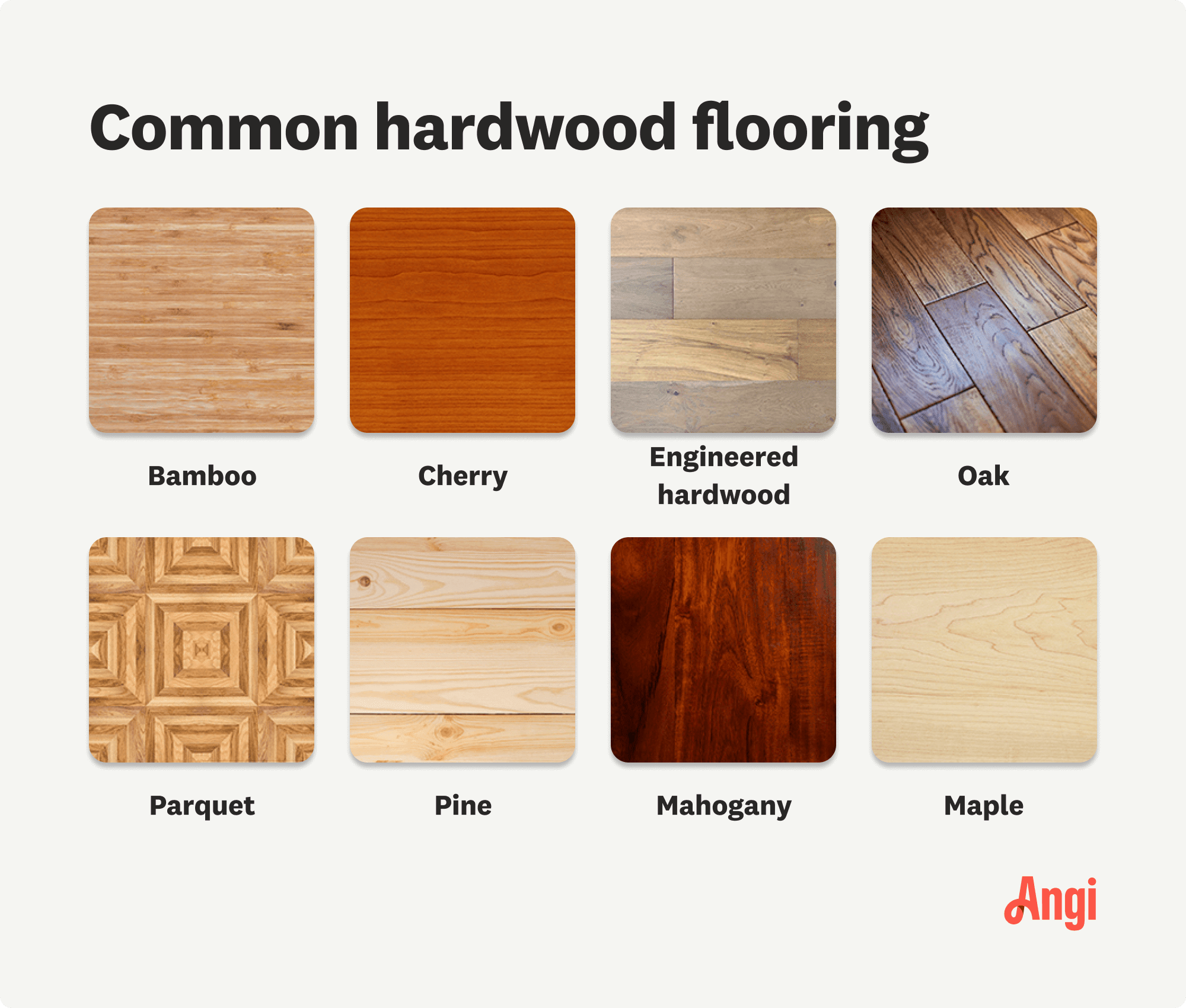 8 types of hardwood flooring compared visually, including bamboo, cherry, oak, pine, and maple