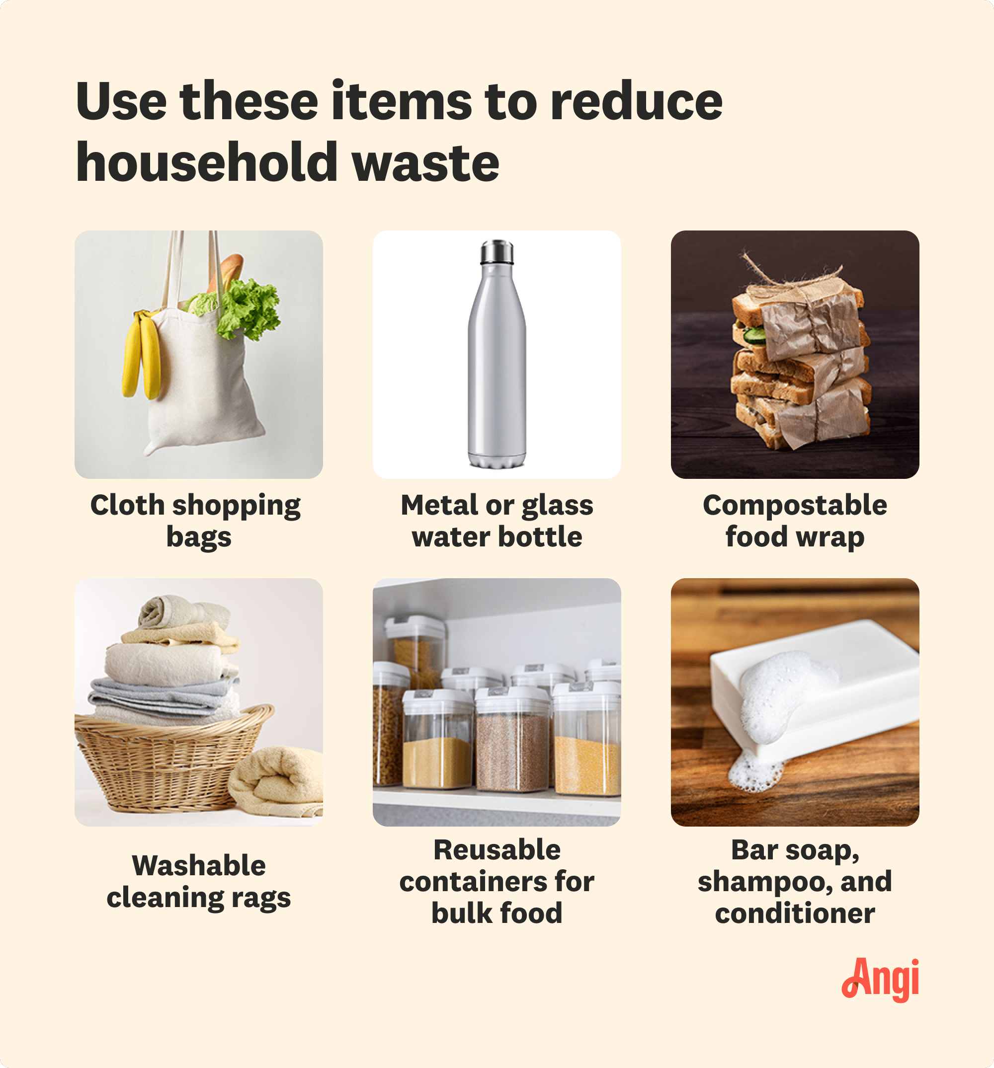 6 recommended items to reduce household waste, including cloth shopping bags, metal or glass water bottles, and washable cleaning rags