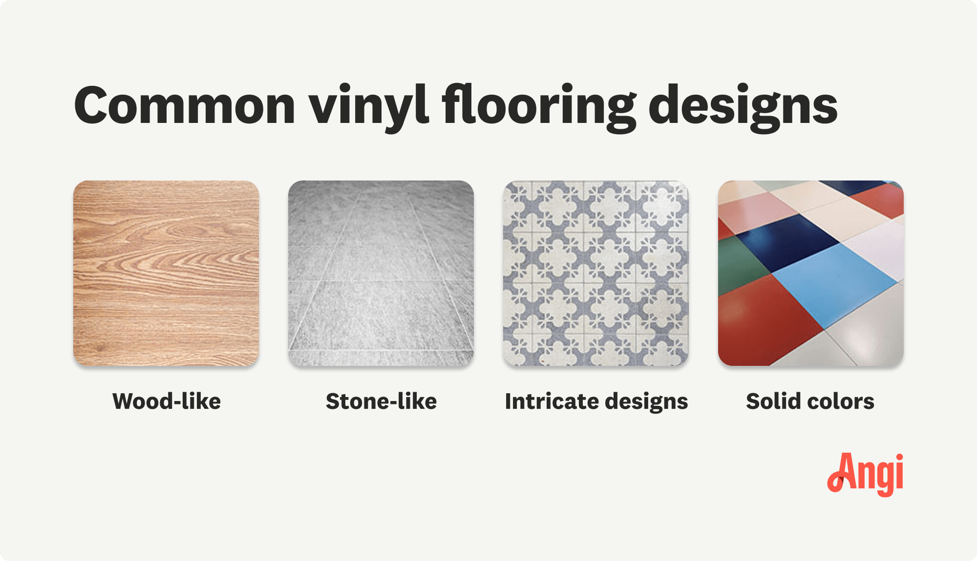 4 common vinyl flooring designs, including wood-like, stone-like, and solid colors
