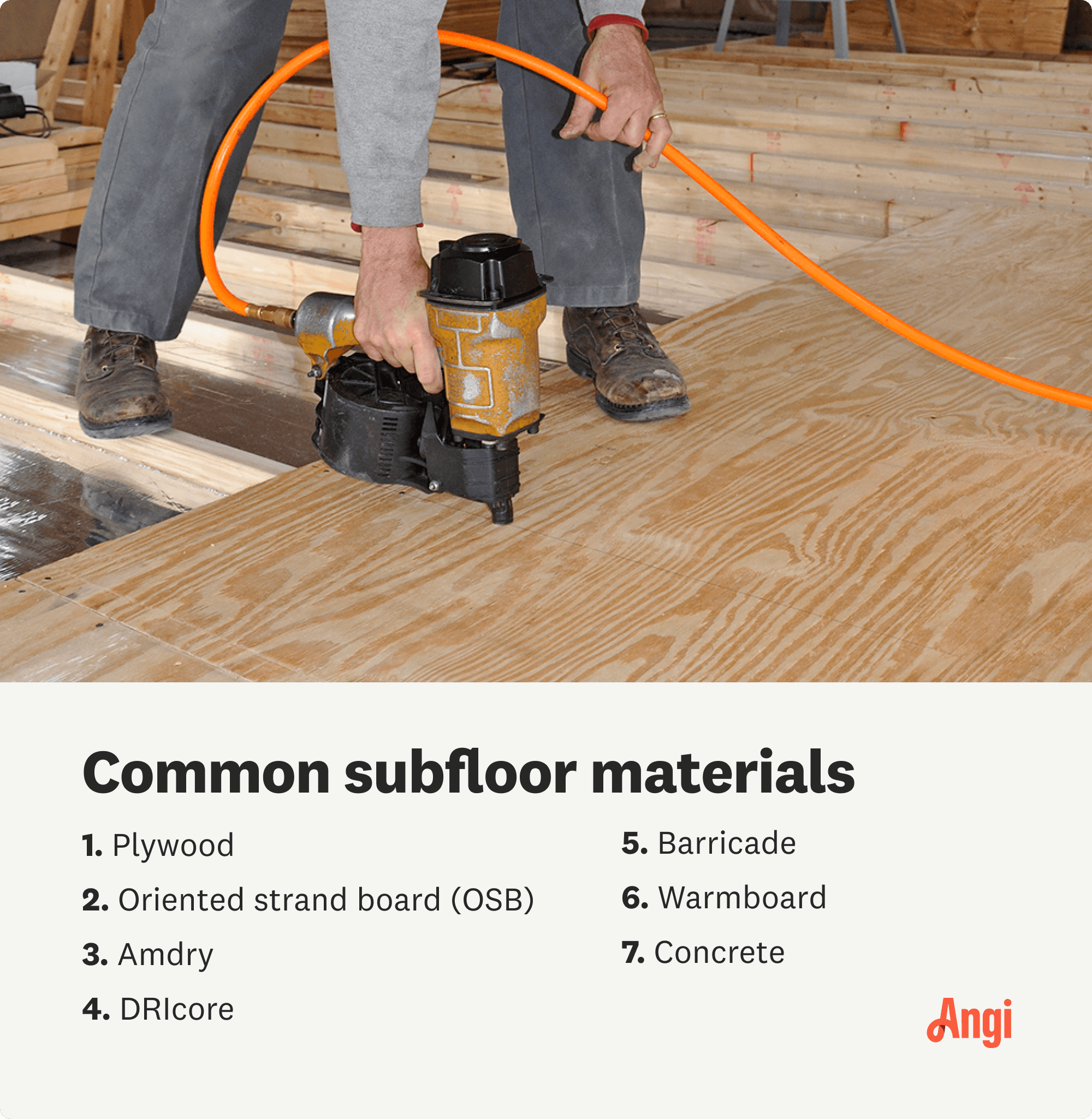 7 common subfloor materials, including plywood, Amdry, and concrete