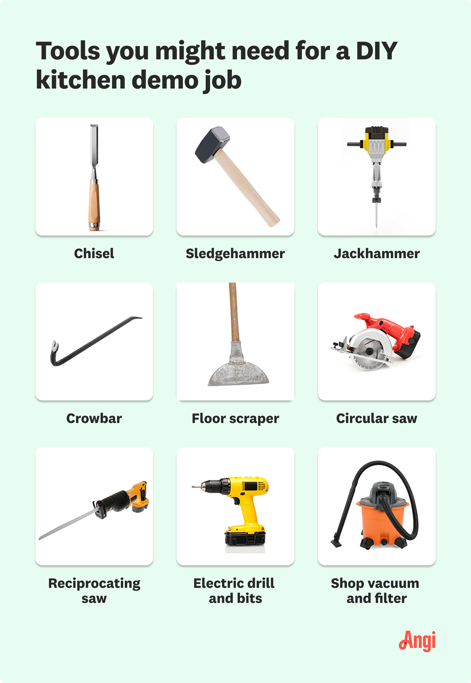 9 tools you might need for a DIY kitchen demo job, including sledgehammer, circular saw, and an electric drill