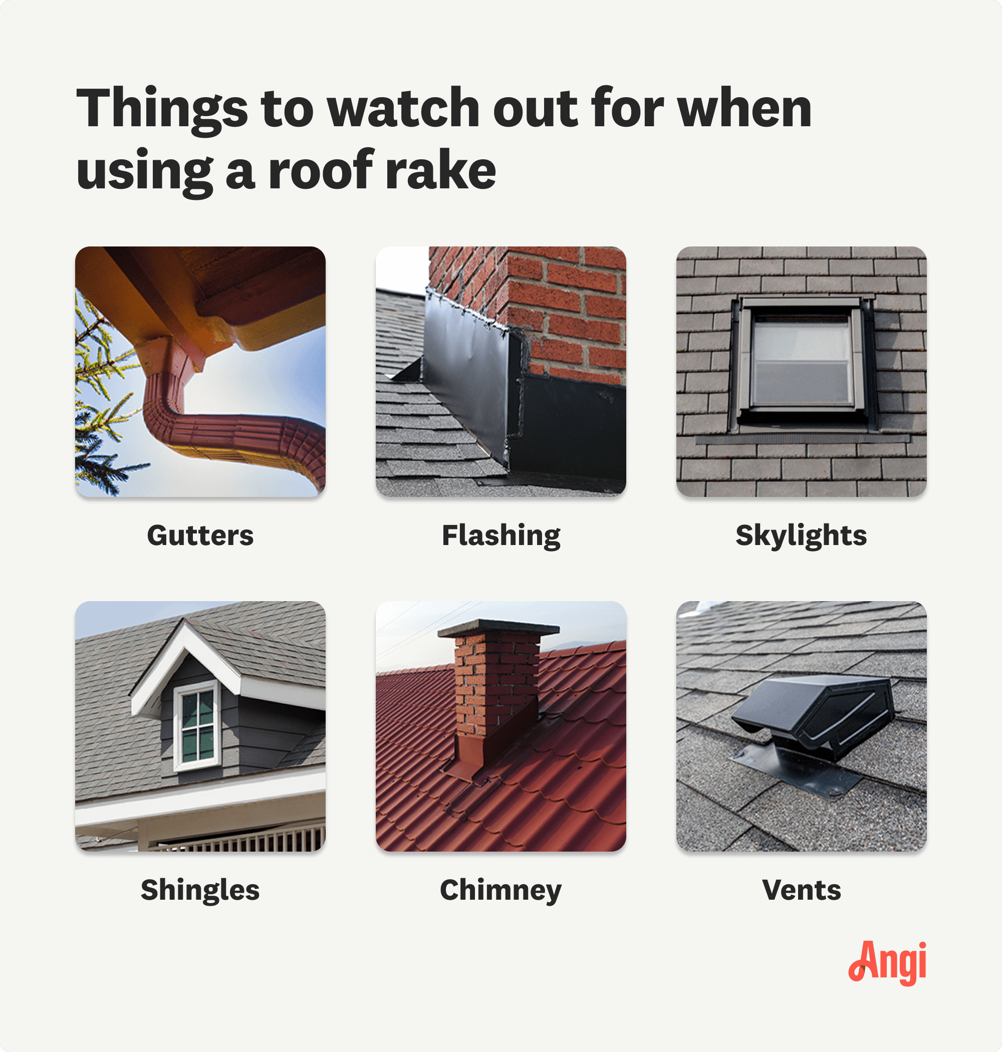 6 things to watch out for when using a roof rake, including vents, skylights, and shingles