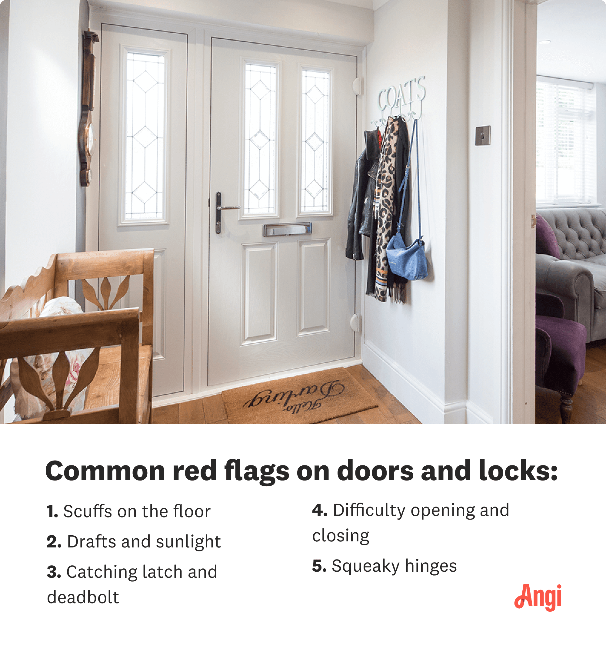 5 common red flags for doors and locks, including difficulty opening and closing and scuffs on the floor