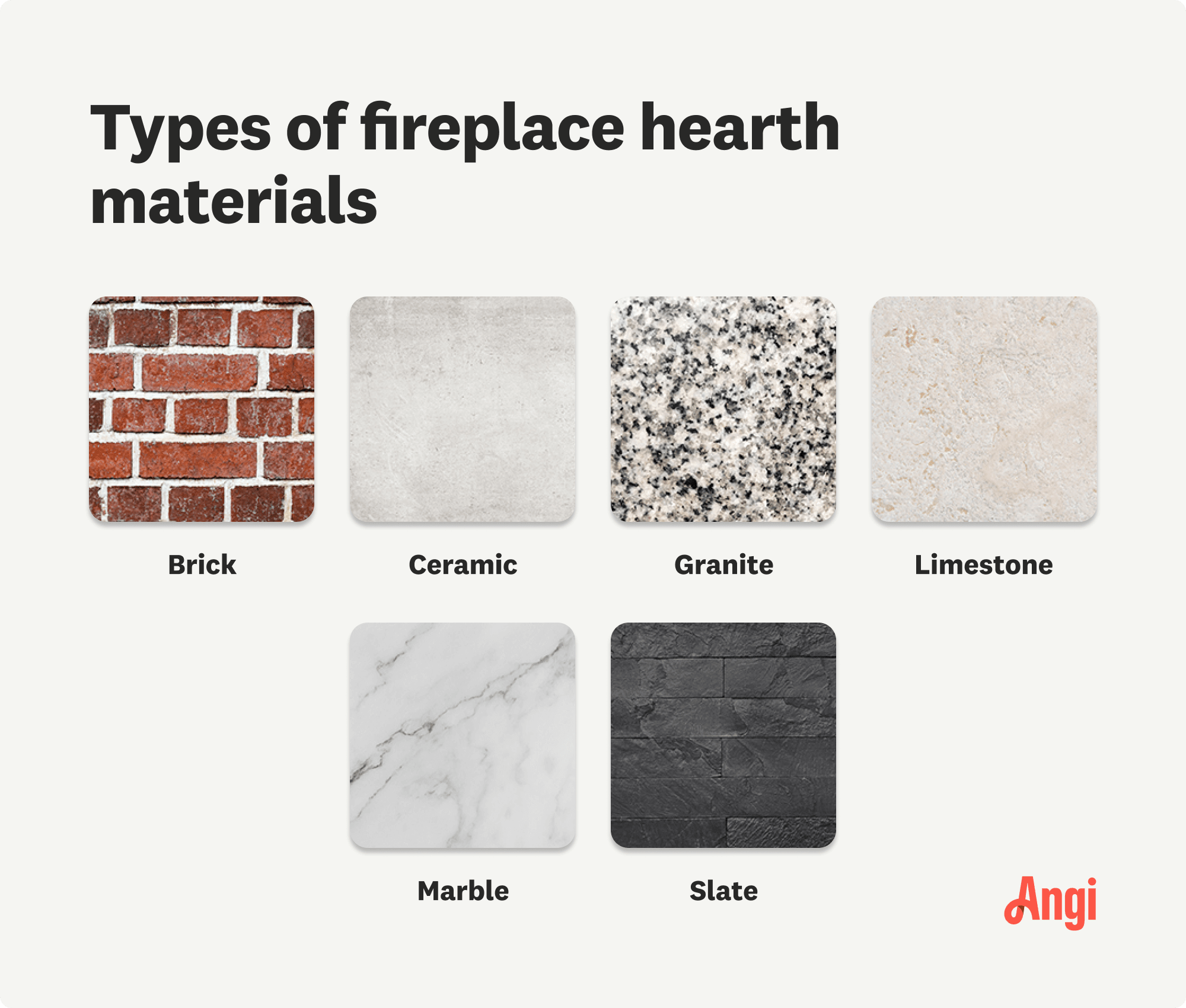 6 fireplace hearth building material types compared visually, including brick, limestone, and slate