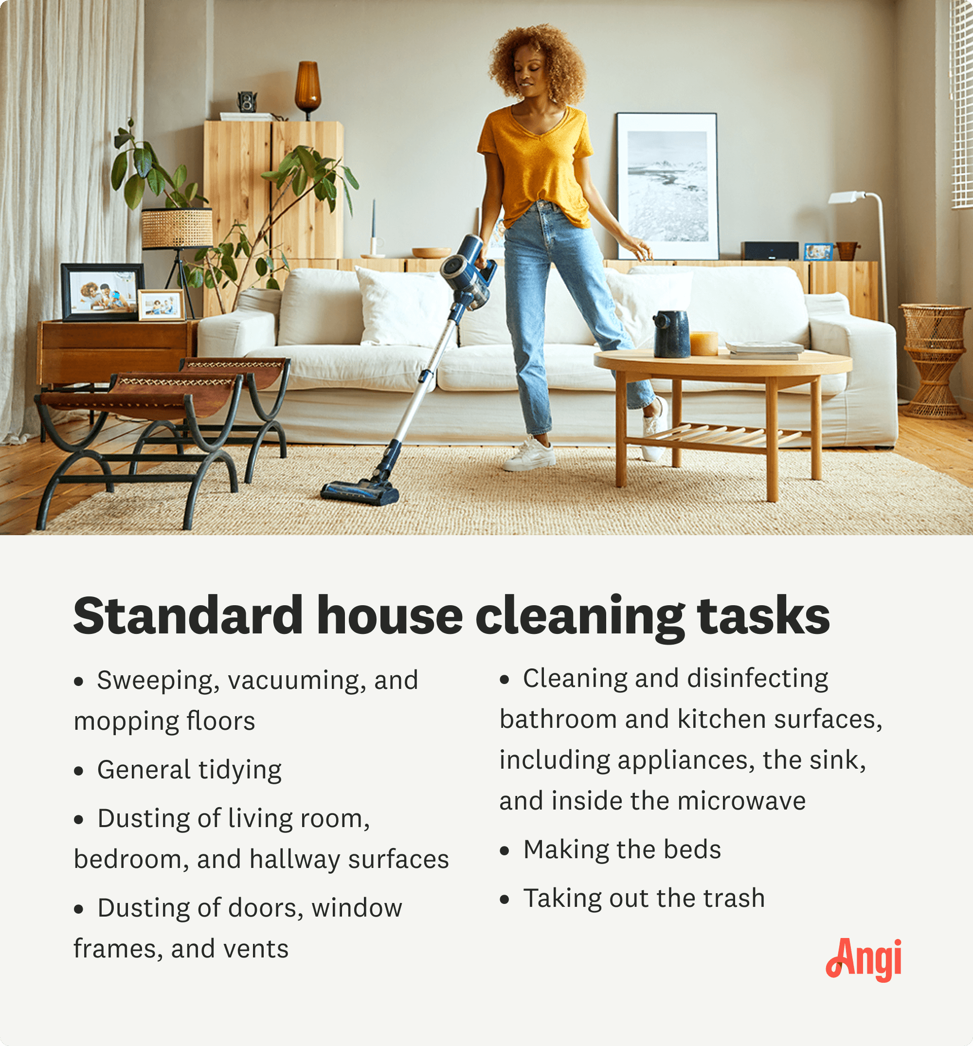 7 standard house cleaning tasks, including sweeping, vacuuming, and mopping, making beds, and taking out the trash