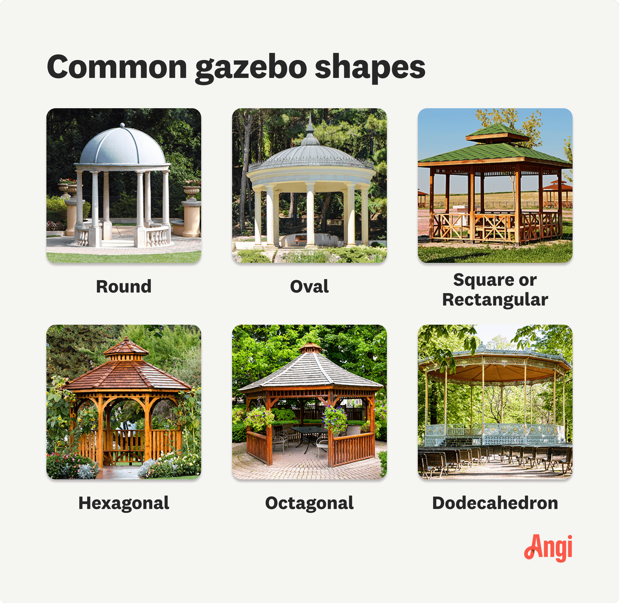 6 common gazebo shapes compared visually, including round, square, and octagonal