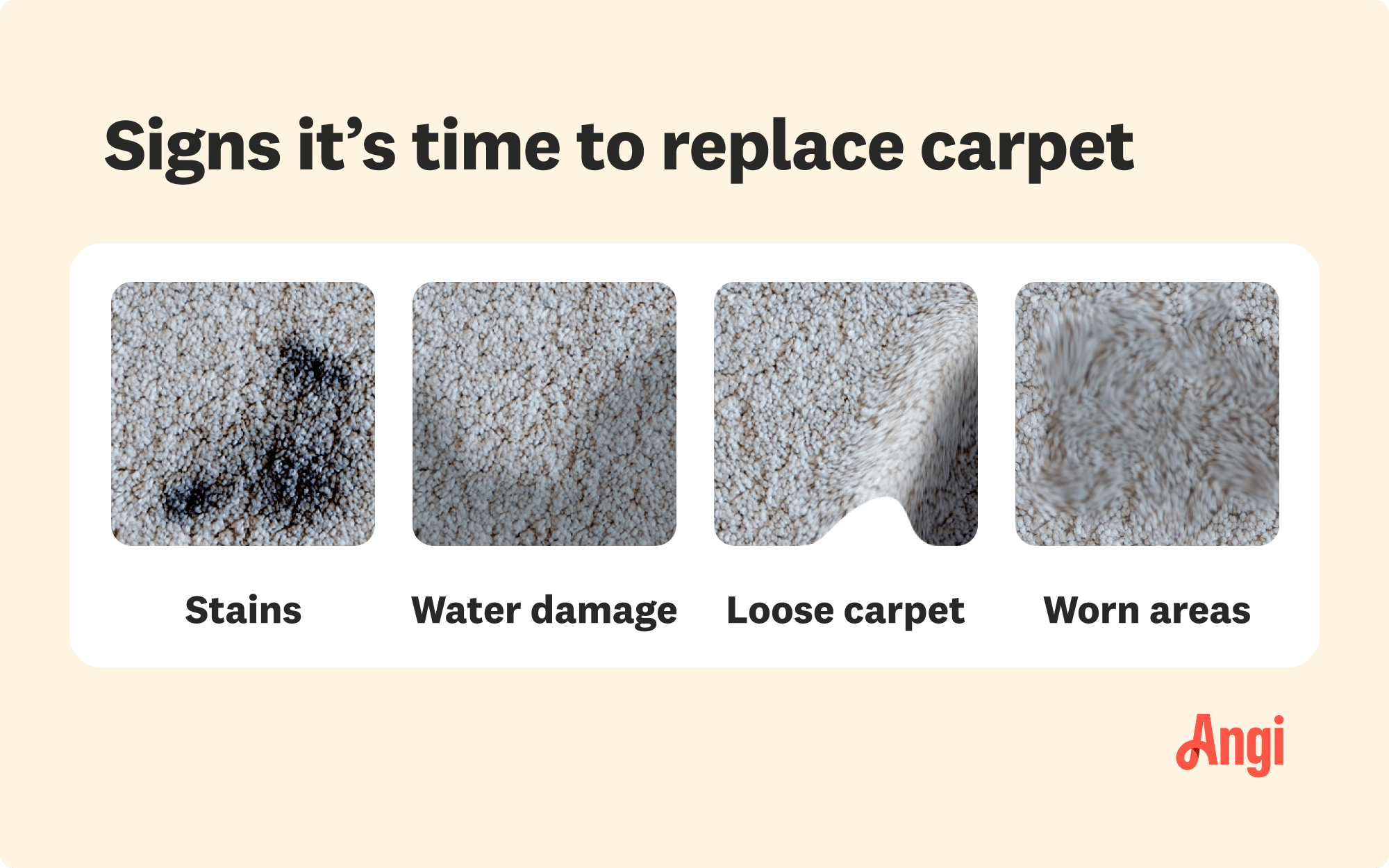 4 signs it’s time to replace your carpet, including stains, water damage, loose carpet, and worn areas
