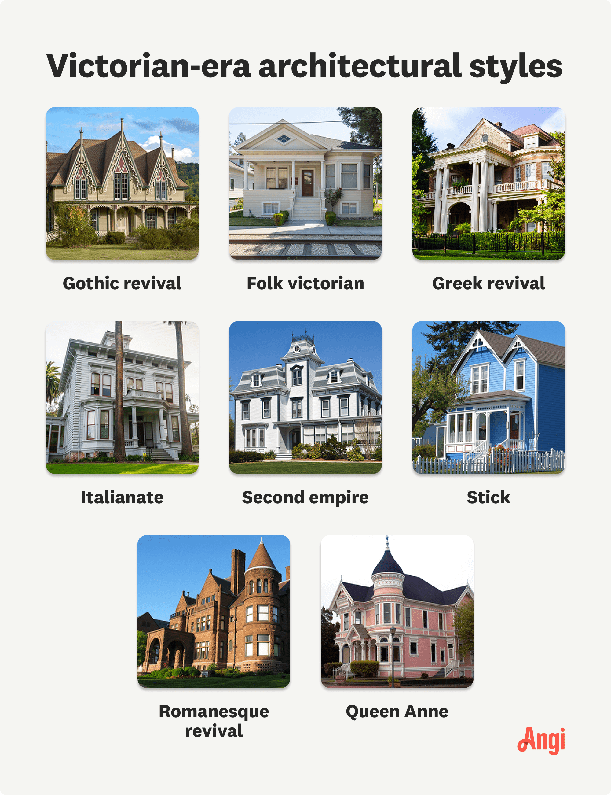 8 Victorian-era architectural styles compared visually, including gothic revival, second empire, and colonial