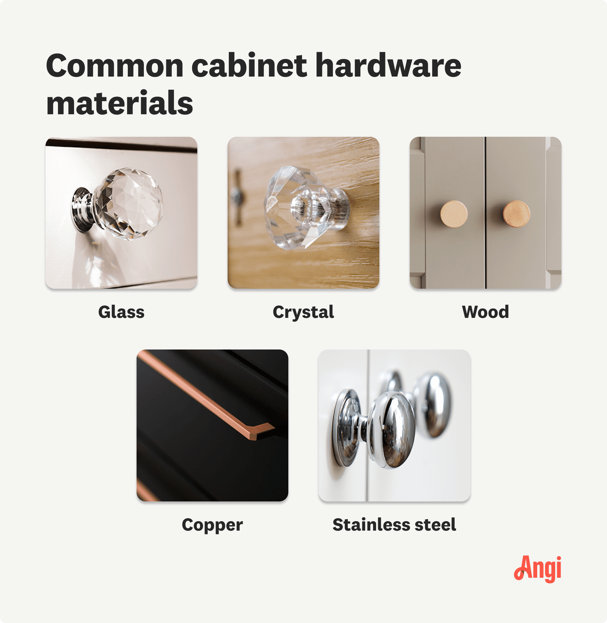 6 cabinet hardware materials compared visually, including glass, wood, and stainless steel
