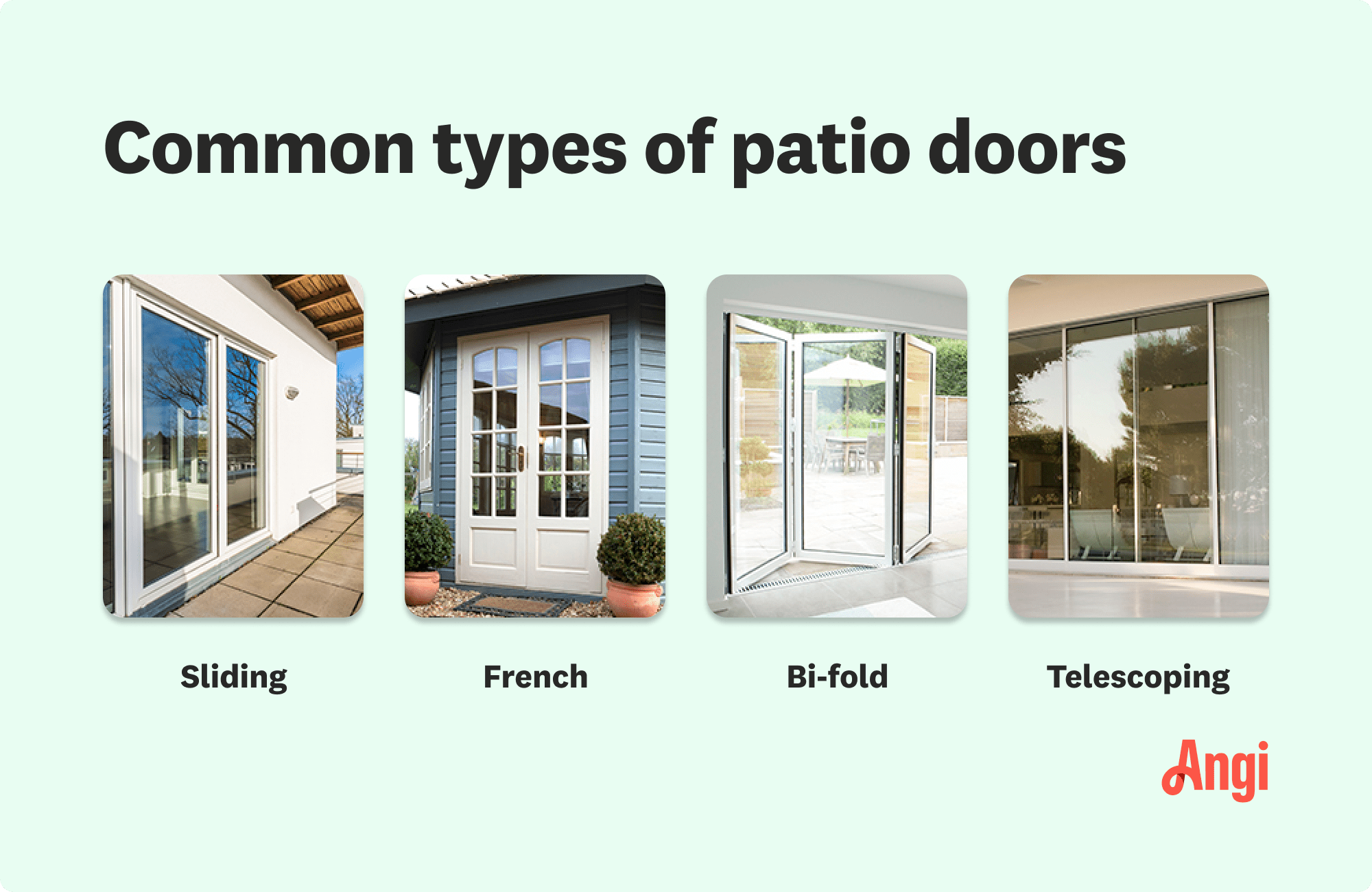 4 types of patio doors compared visually, including sliding, French, bi-fold, and telescoping