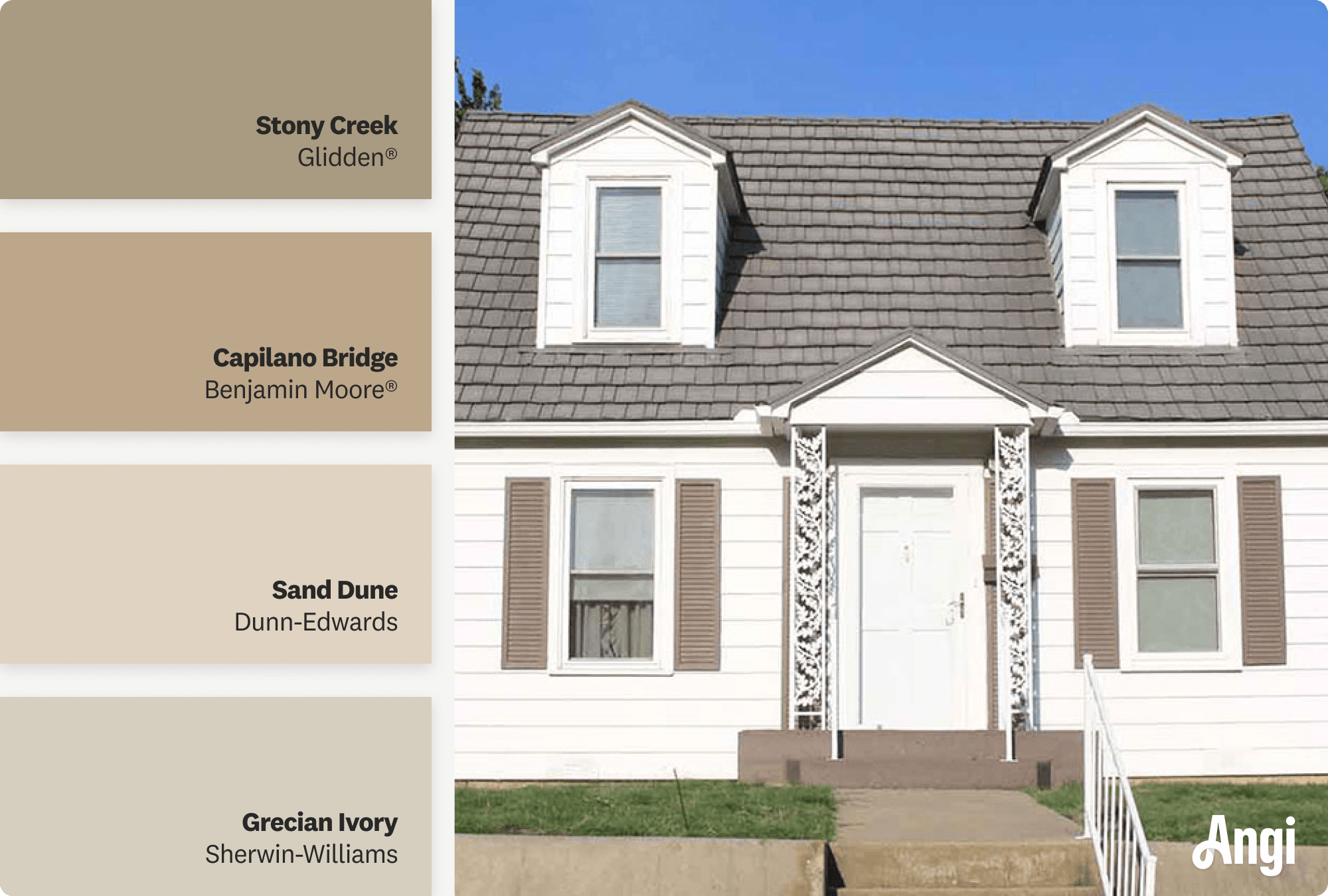 White suburban home exterior with brown shutters, including different tones of brown paint