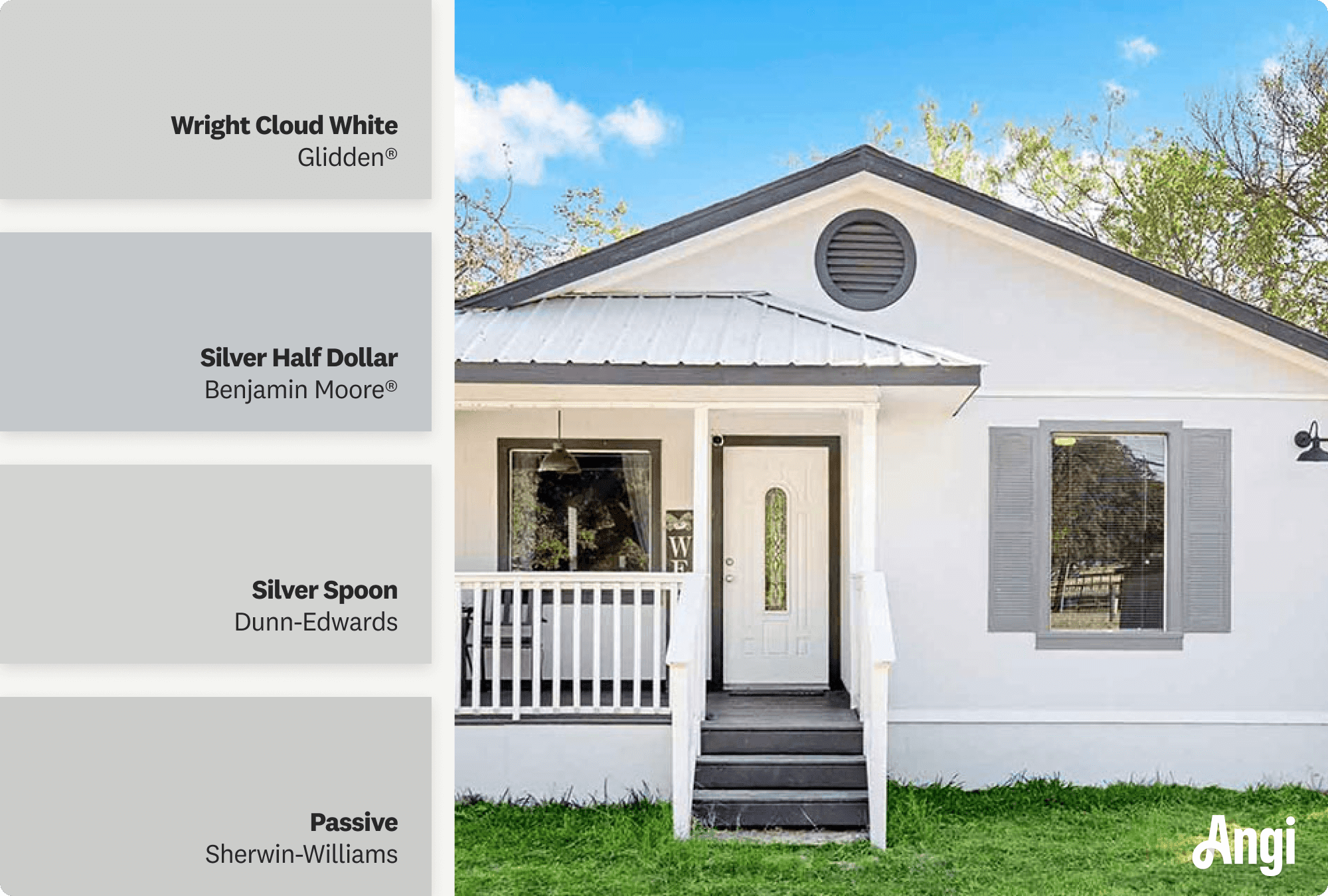 Small white house with gray window shutters, including different tones of gray paint