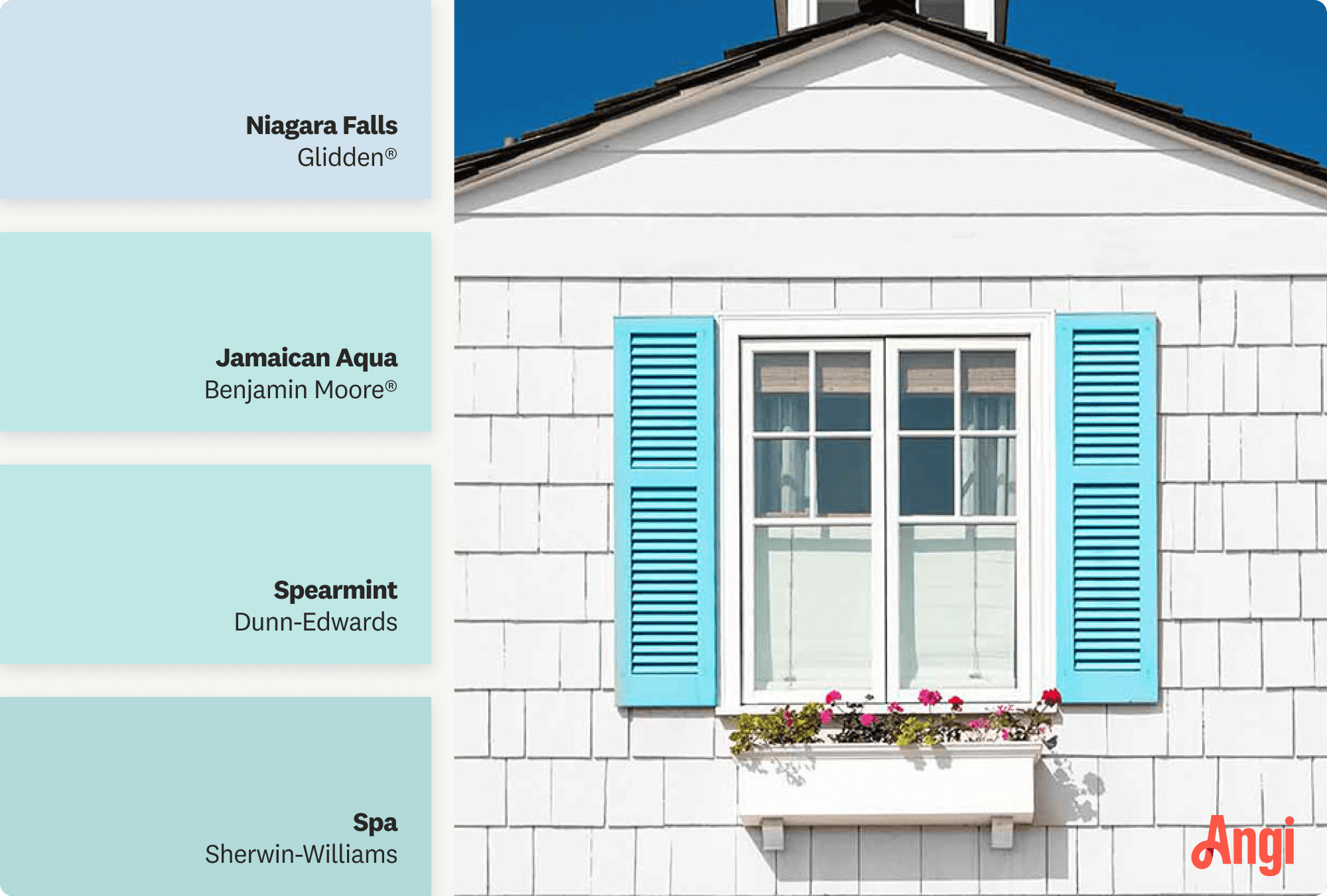 Window with light blue shutters and flower box, including different tones of light blue paint