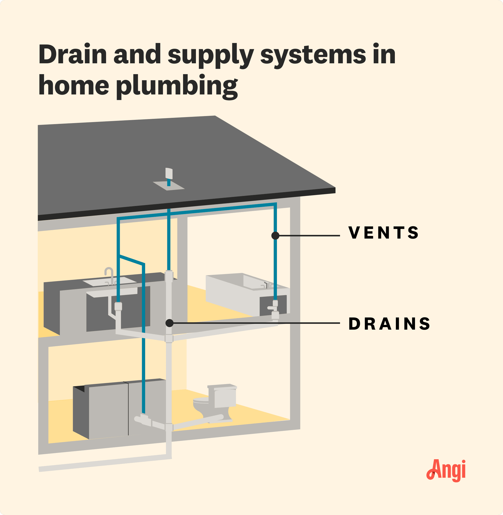 Drain and supply systems in home plumbing illustrated, with the drains and vents configuration labeled within typical household