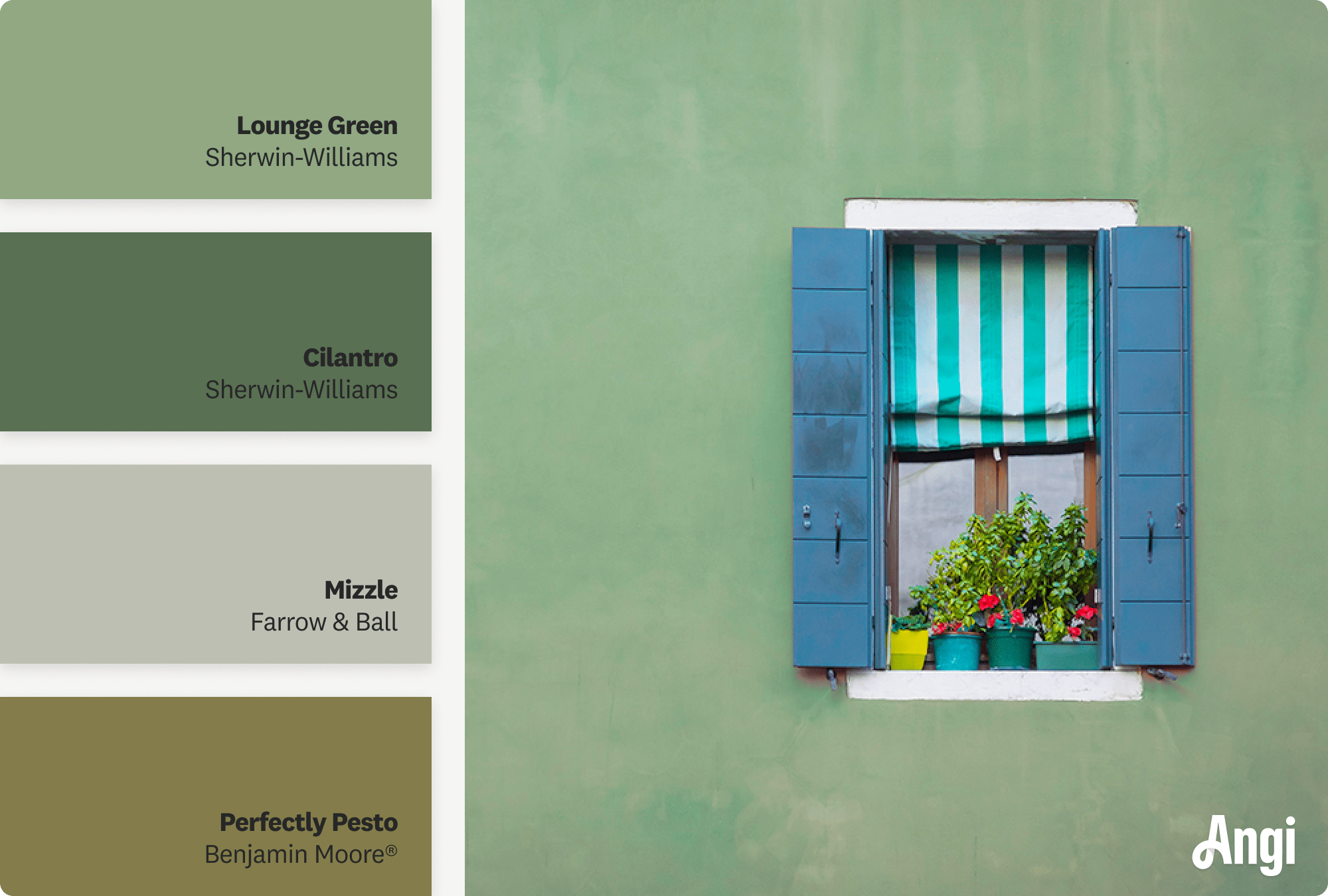 Green exterior with a window, including different tones of earthy green paint