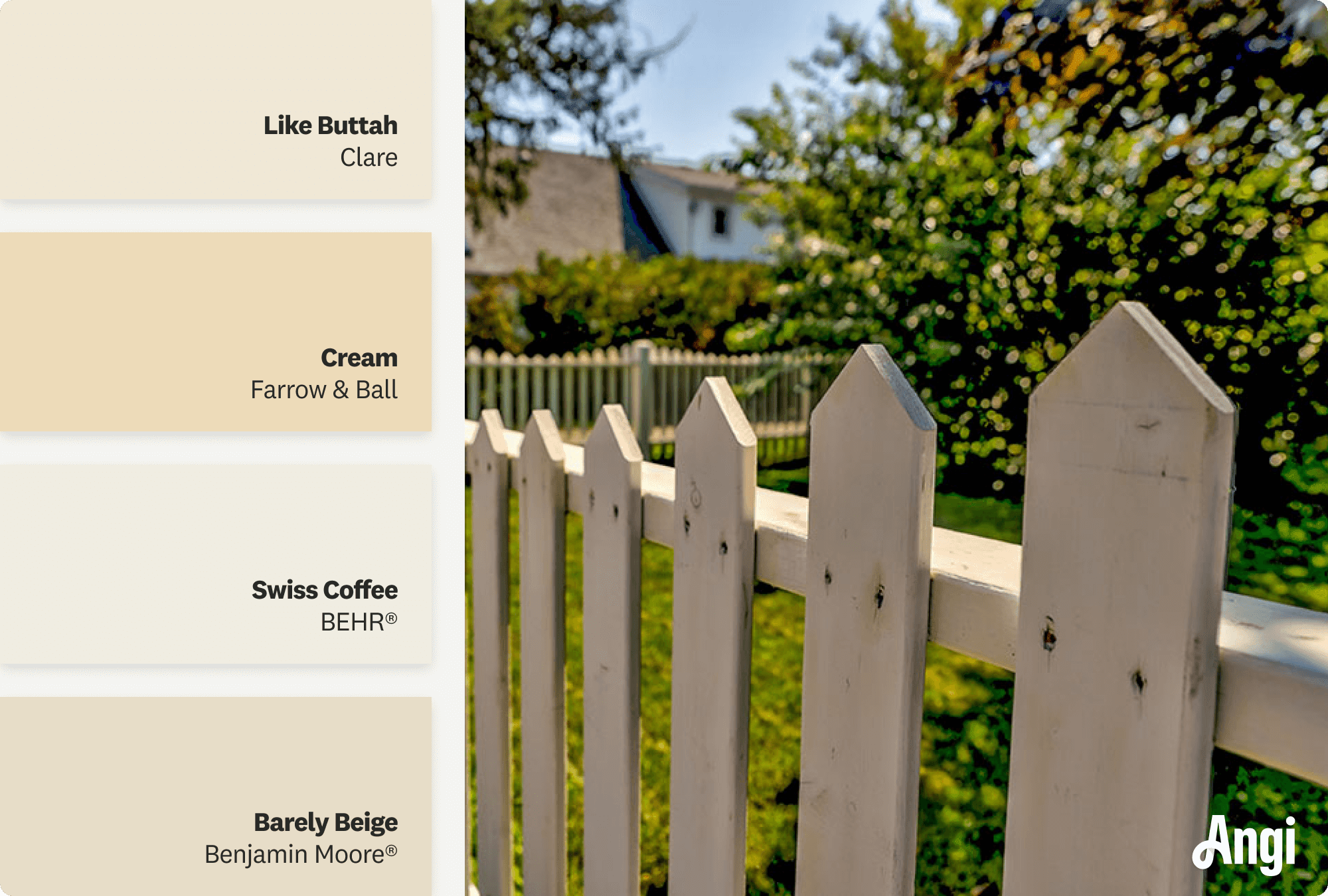 Beige picket wooden fence, including different tones of beige paint