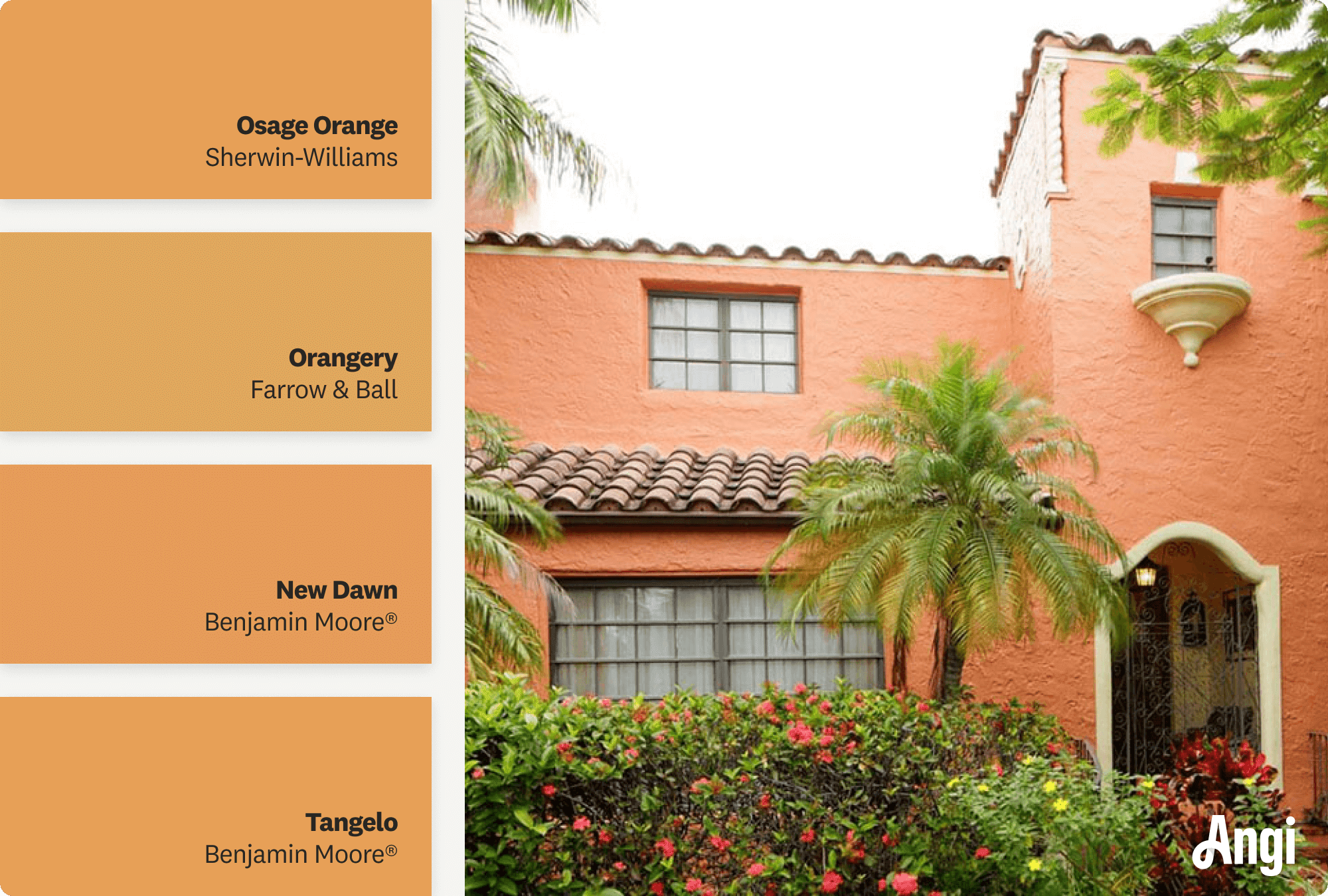 A two story burnt orange Spanish style house with a lush garden, including different tones of burnt orange paint