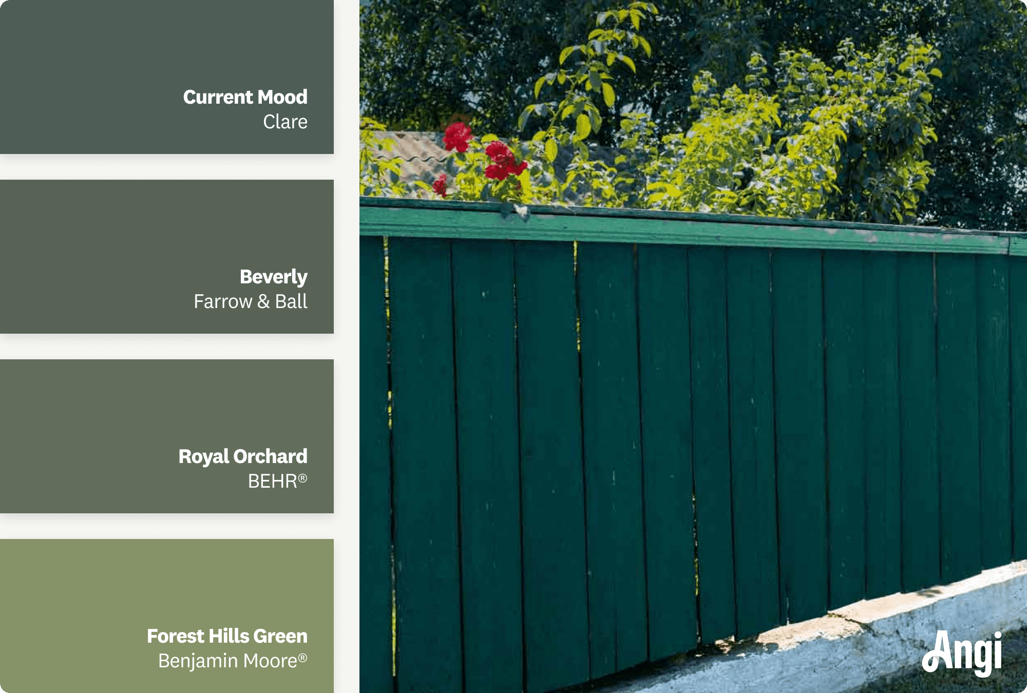 Dark green wooden fence, including different tones of dark green paint