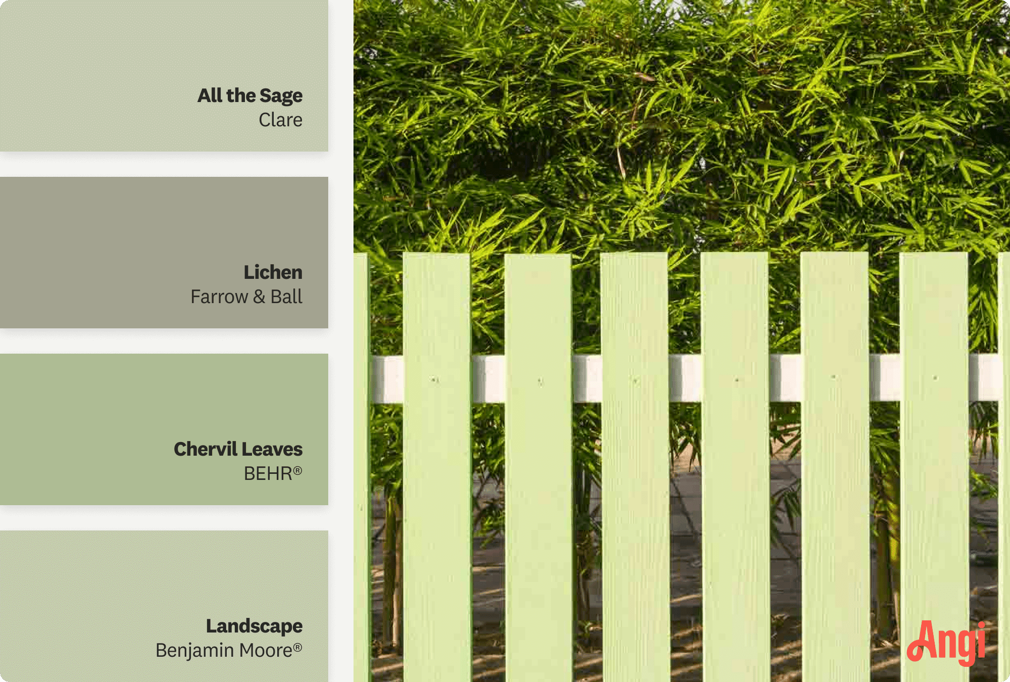 Sage green wooden fence, including different tones of sage green paint