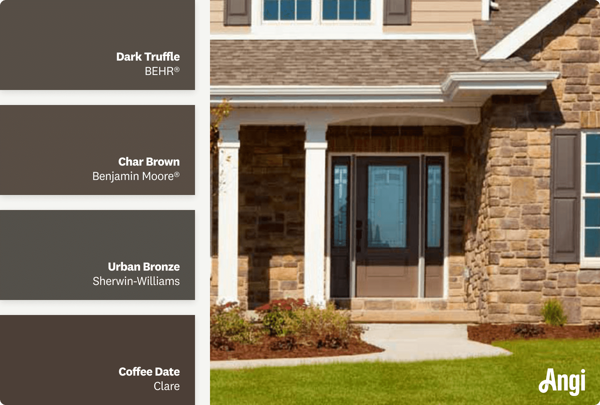 Brown front door of a luxury home, including different tones of brown paint