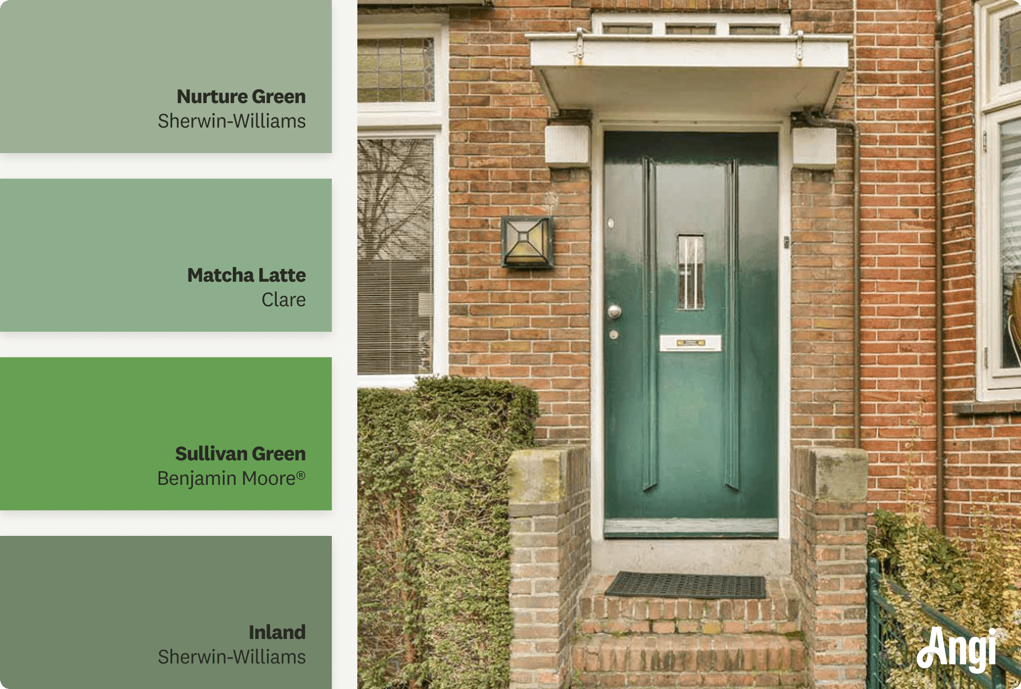 Green front door on a brick home, including different tones of green paint