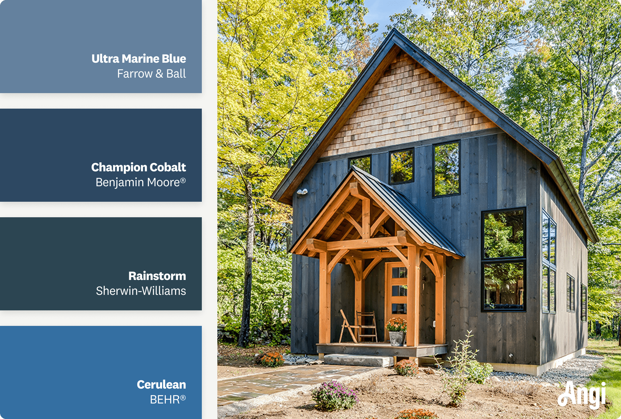 Barndominium painted in blue, including different tones of blue paint