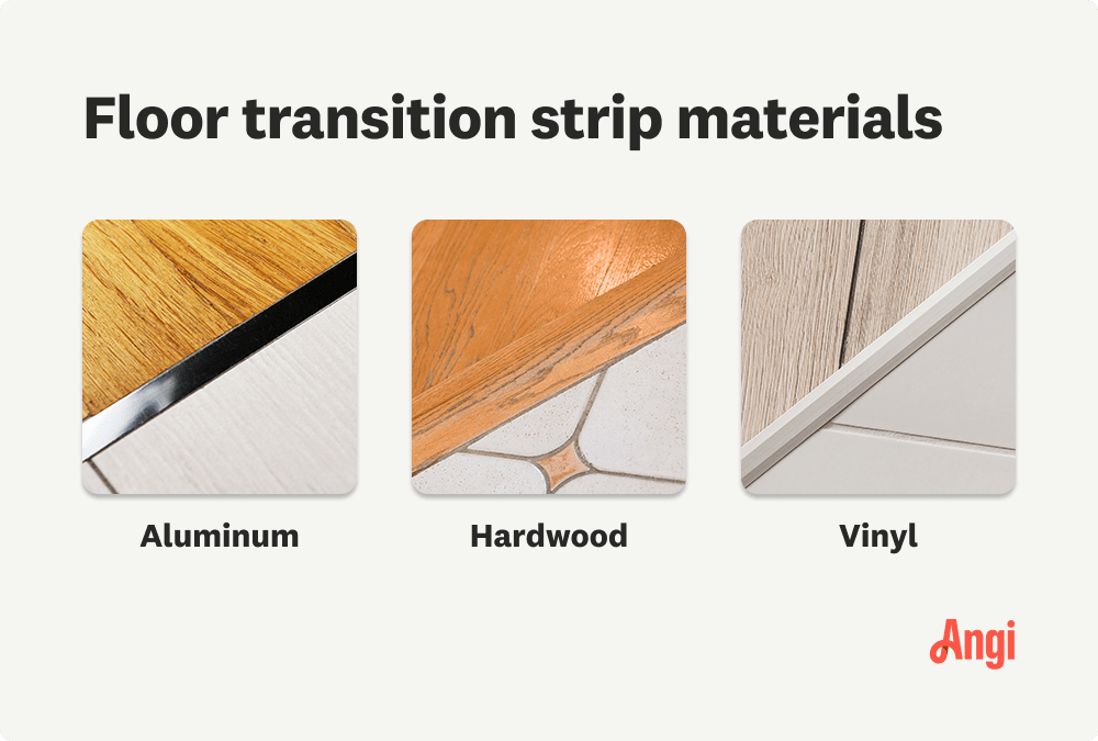 3 floor transition materials compared visually, including aluminum, hardwood, and vinyl